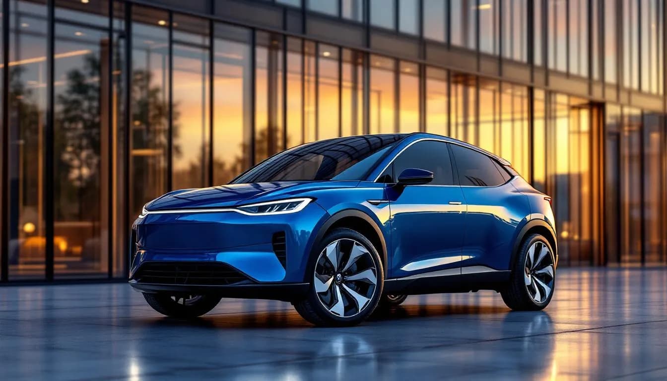 Le SUV electrique Rivian R2 stationne devant un batiment moderne, eclaire par la lumiere doree du coucher de soleil