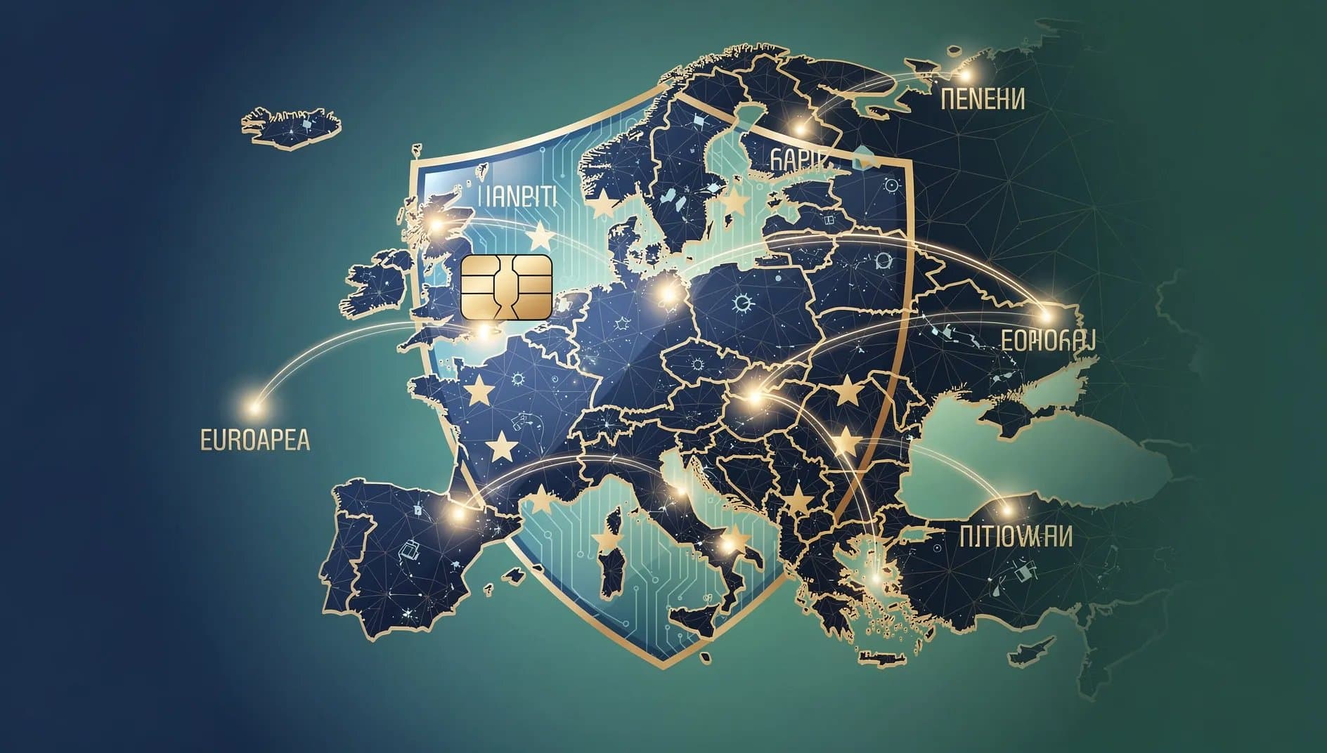 Visualisation abstraite de réseaux de paiement européens interconnectés avec des flux de données souverains traversant le continent