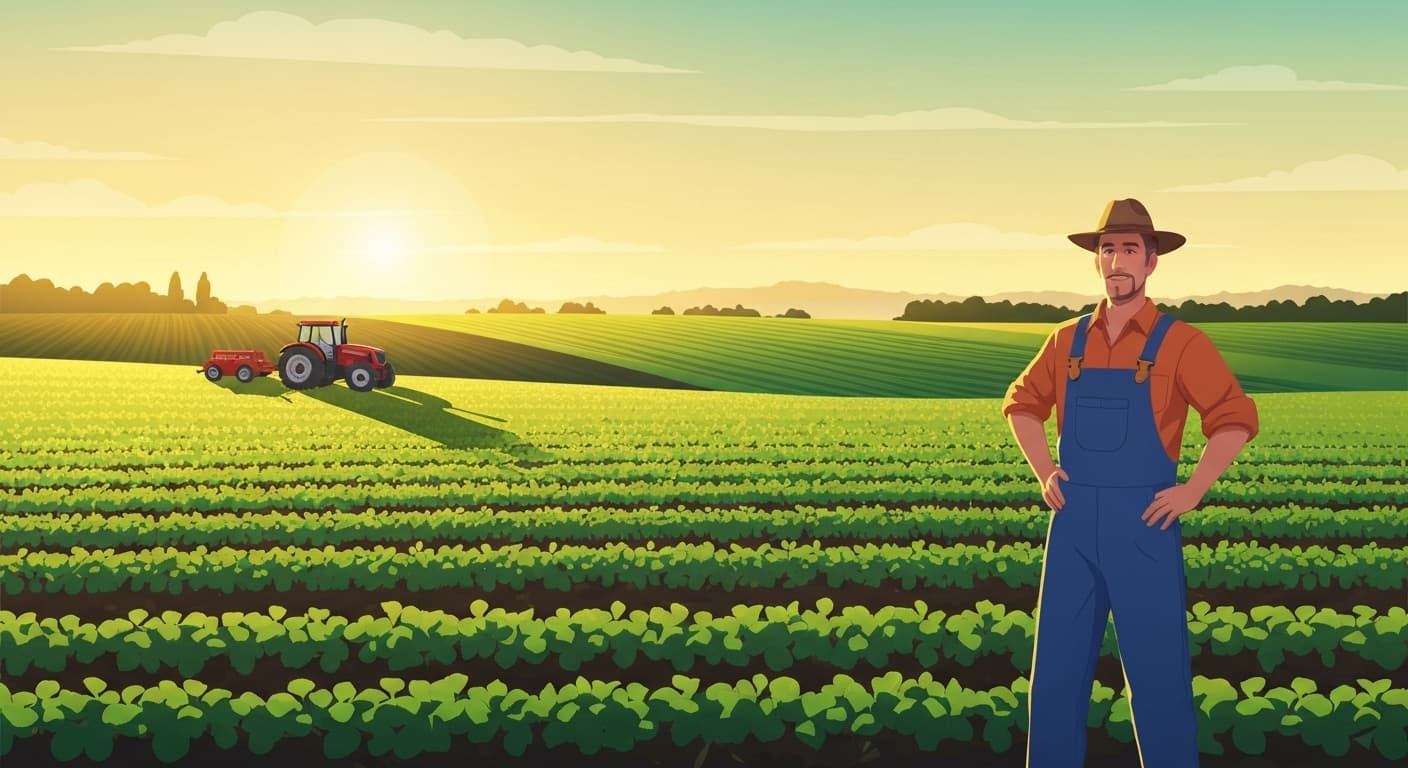 Exploitation agricole française avec champs de céréales et bâtiments agricoles protégés par une assurance multirisque