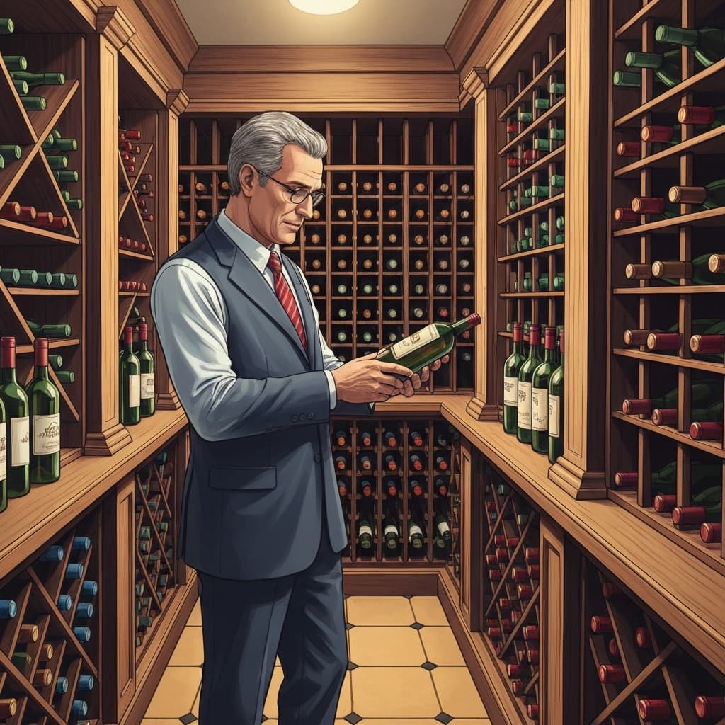Collectionneur inspectant des bouteilles de grands crus dans une cave voûtée en pierre