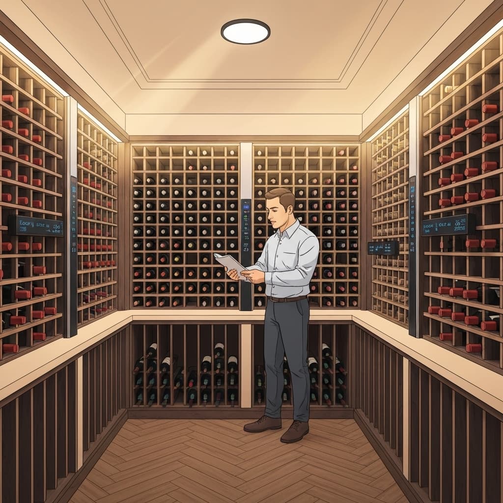 Expert évaluant une collection de vins dans une cave moderne climatisée