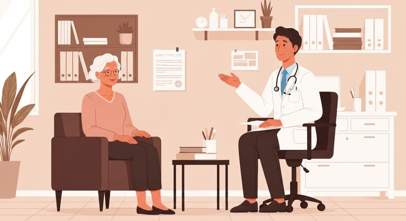 Senior français en consultation médicale pour certificat d'annulation voyage