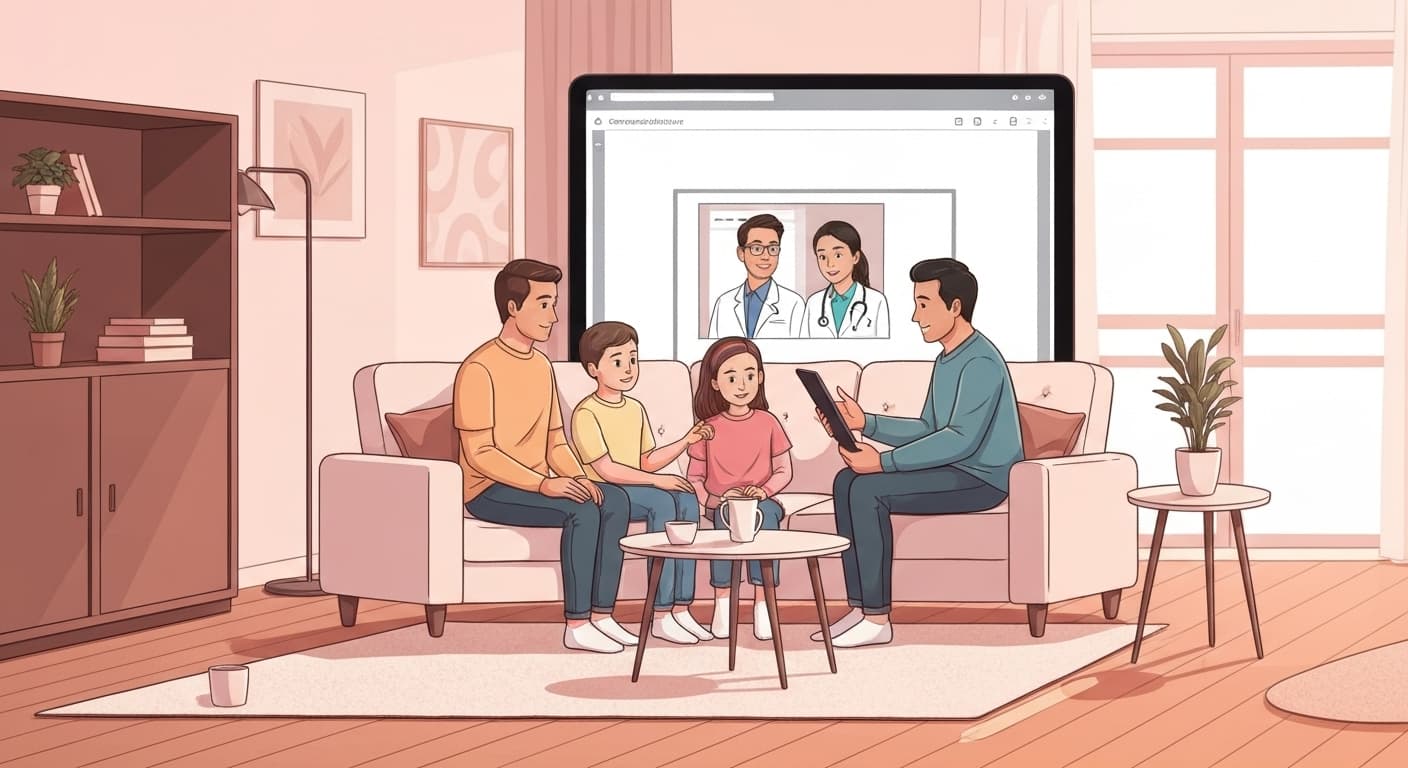 Famille expatriée utilisant téléconsultation en français