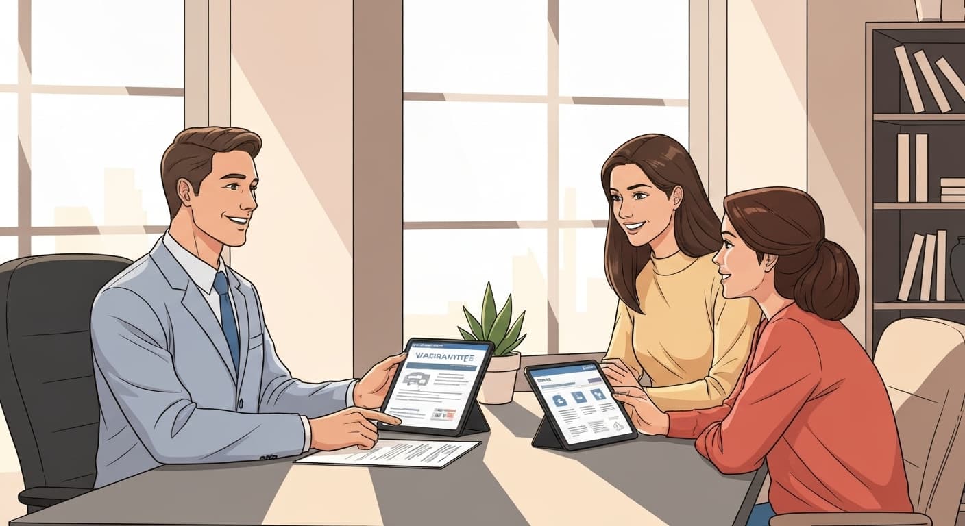 Conseiller France Épargne analysant les offres de garantie prolongée pour un client