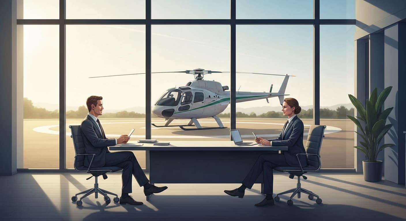 Propriétaire d'hélicoptère consultant un expert France Épargne sur les solutions d'assurance aviation