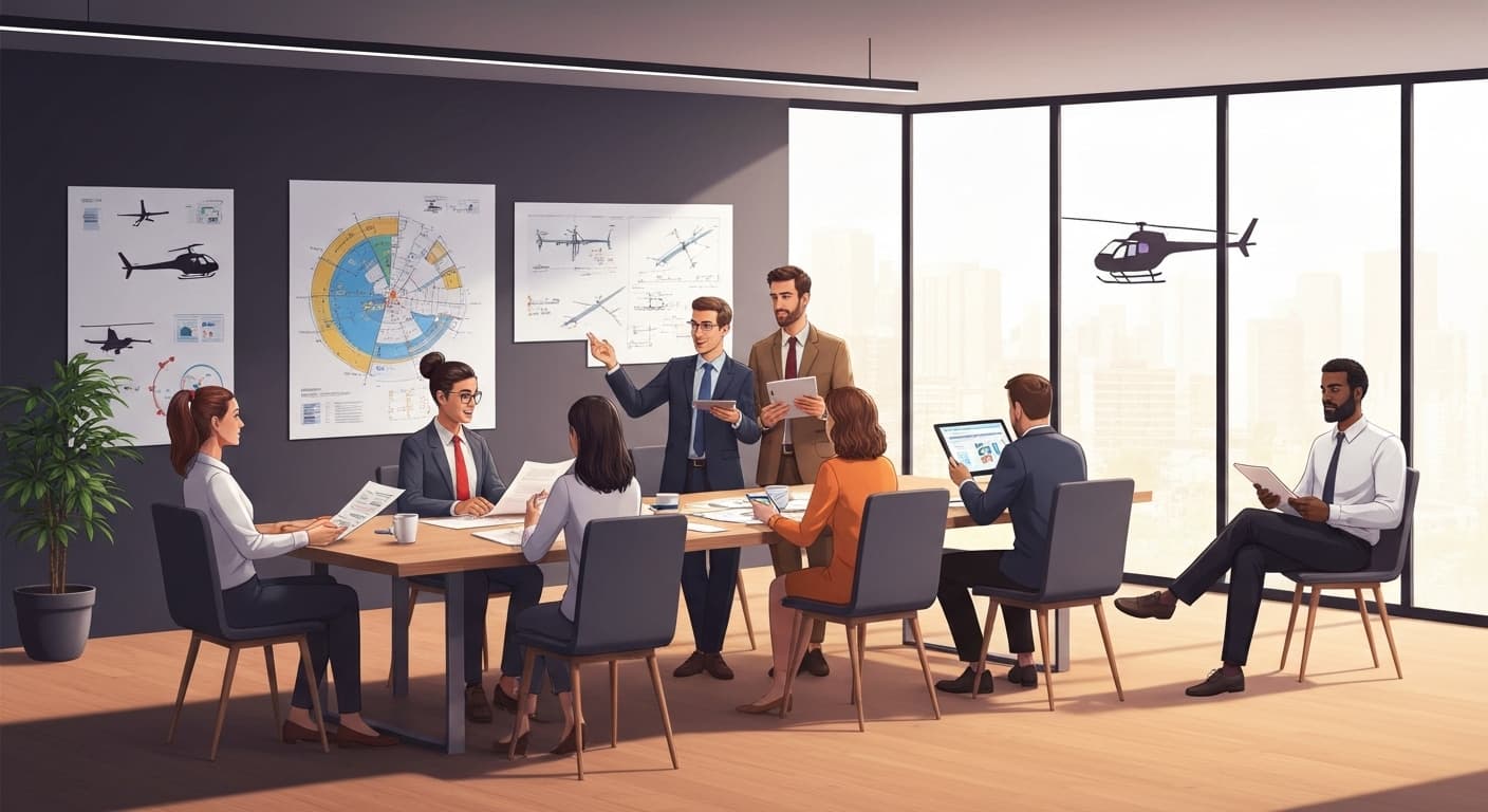 Équipe d'entreprise sécurisant sa flotte d'hélicoptères avec une assurance adaptée aux opérateurs professionnels