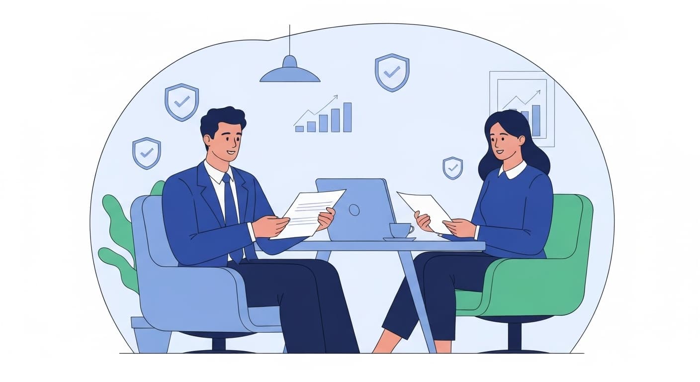 Entrepreneur et conseiller analysant un contrat d'assurance prêt professionnel