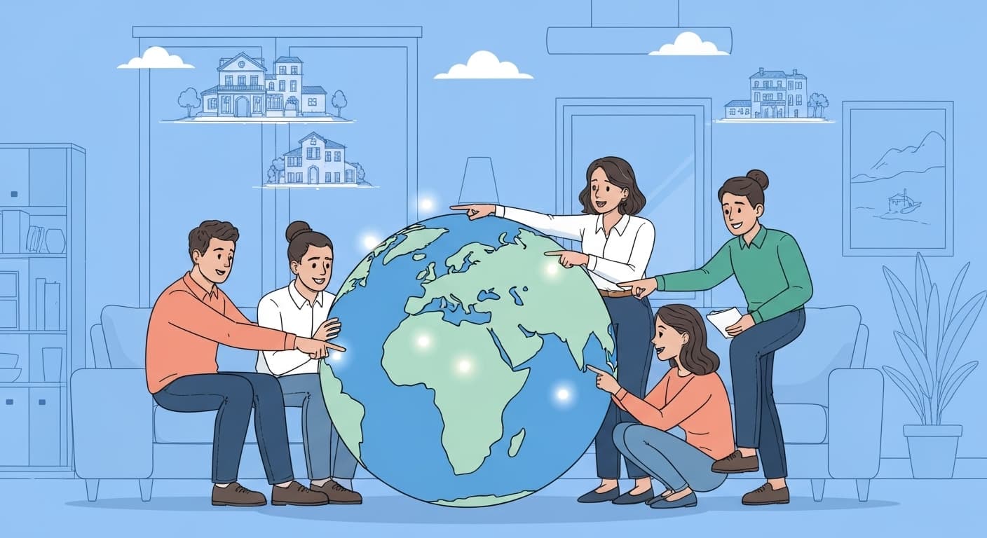 Famille française profitant de leur résidence secondaire à l'étranger en toute sérénité