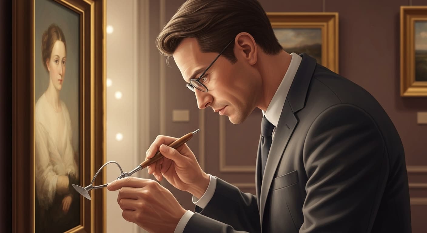 Expert en art authentifiant une oeuvre de valeur dans un cadre professionnel