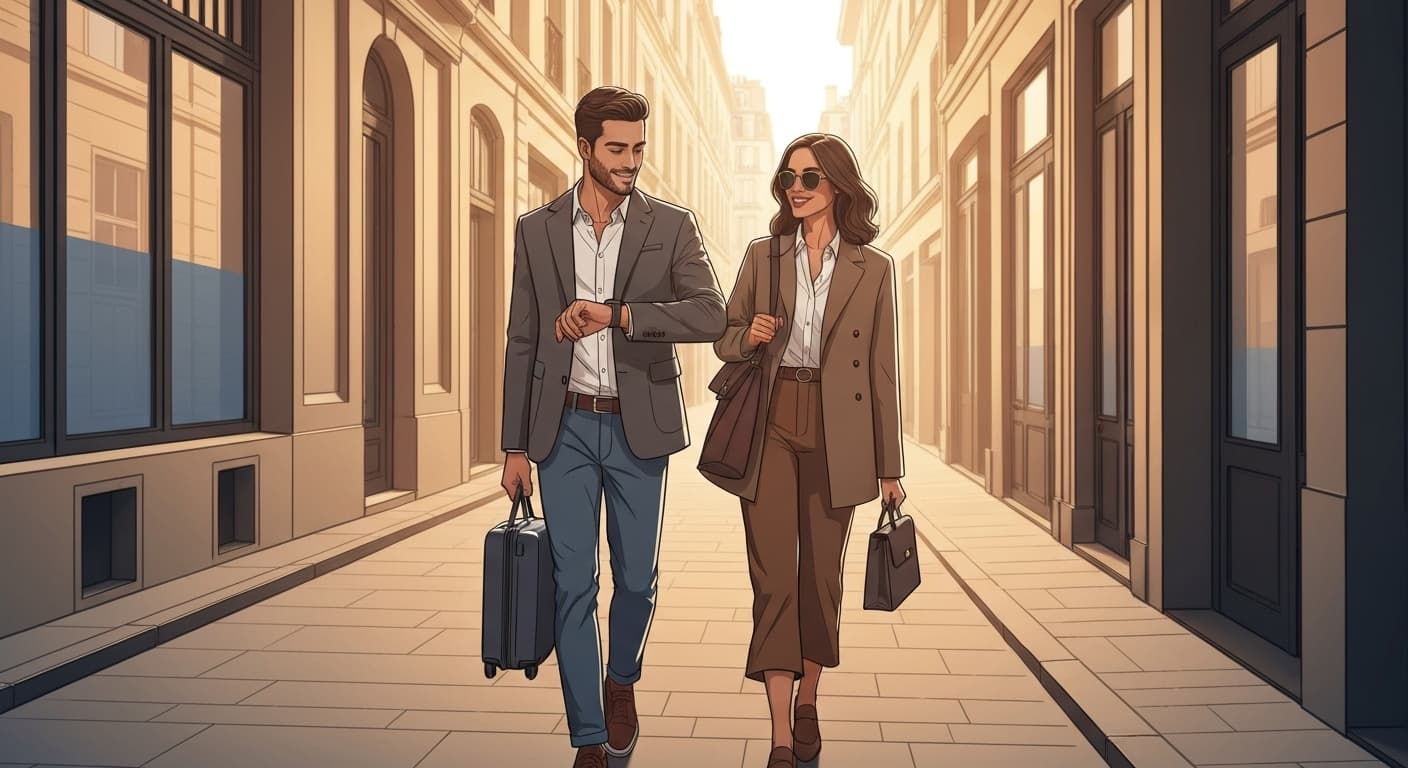 Couple français en voyage regardant sereinement leur montre de luxe assurée lors d'une escapade