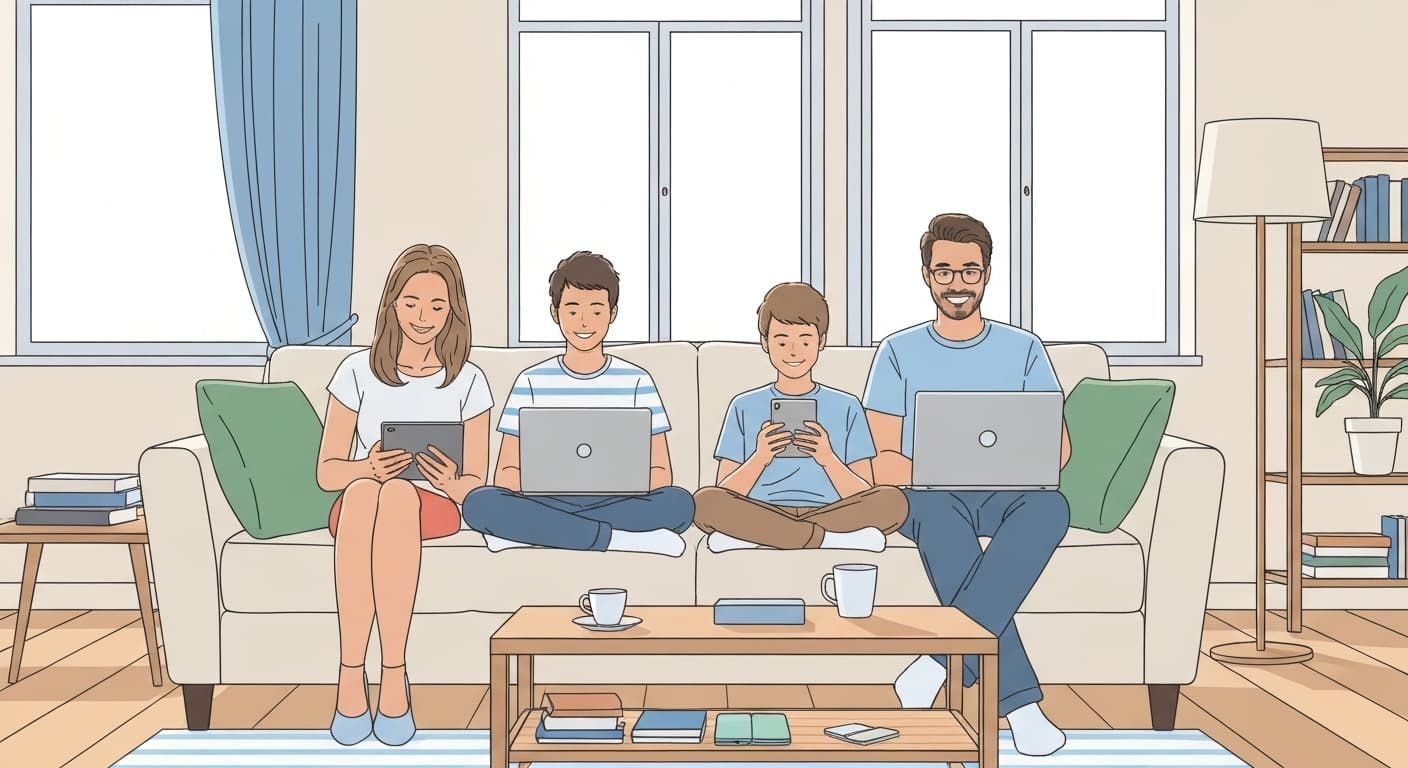 Illustration d'une famille française moderne protégeant leurs appareils nomades