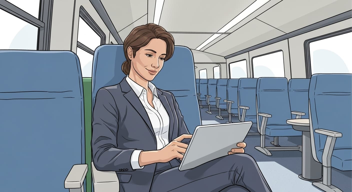 Illustration d'un professionnel utilisant sa tablette en déplacement avec sérénité