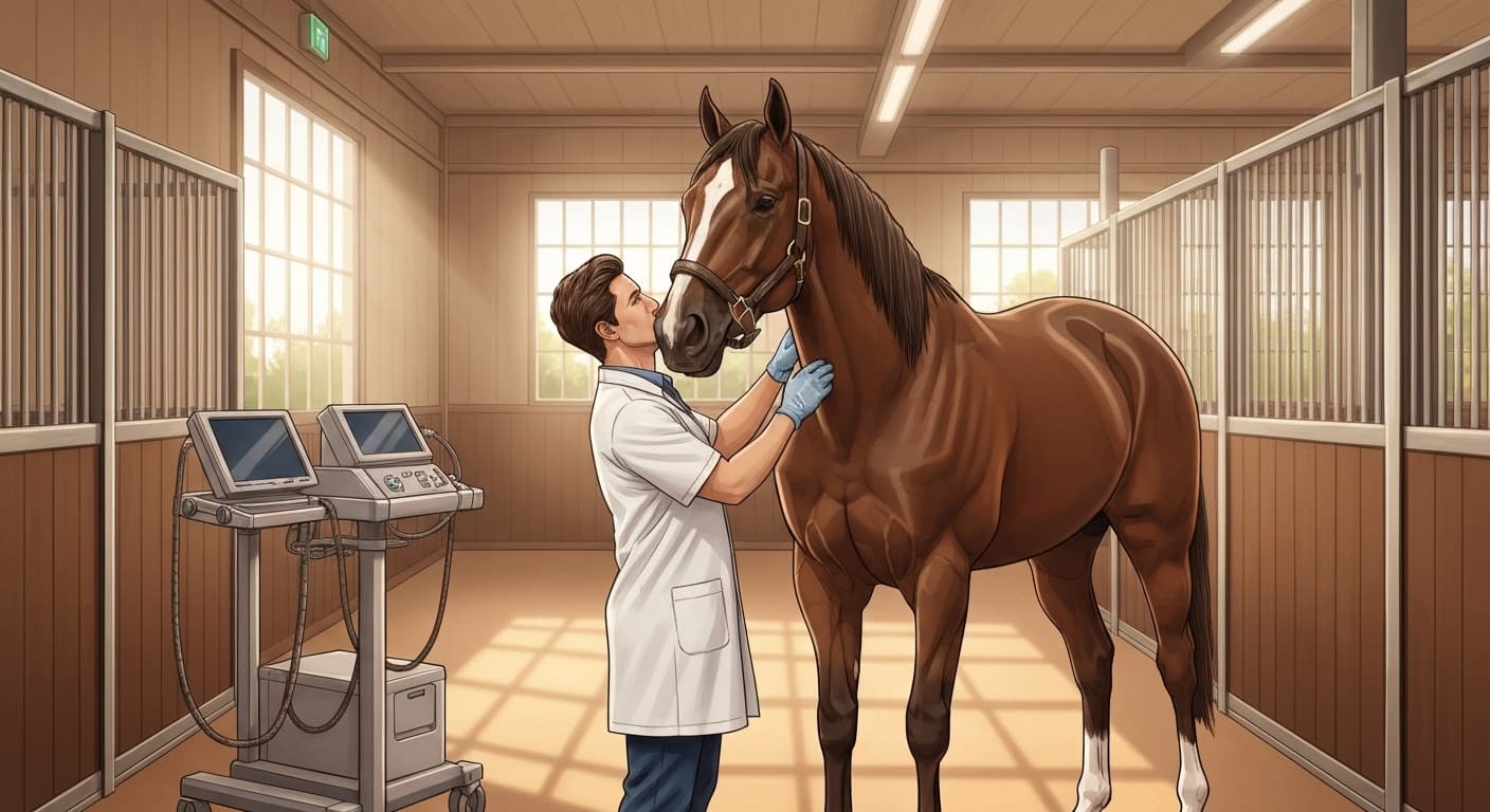 Vétérinaire examinant un cheval de race dans un haras professionnel