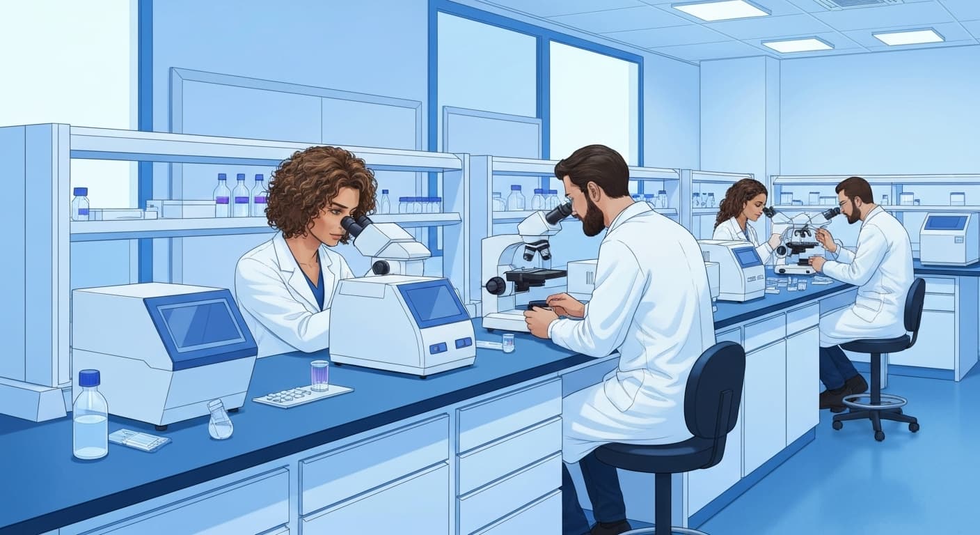 Biologiste médical dans un laboratoire d'analyse médicale moderne avec équipements scientifiques