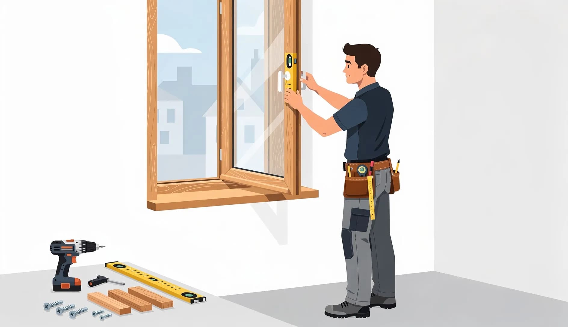 Menuisier professionnel posant une fenêtre en aluminium sur un chantier de rénovation