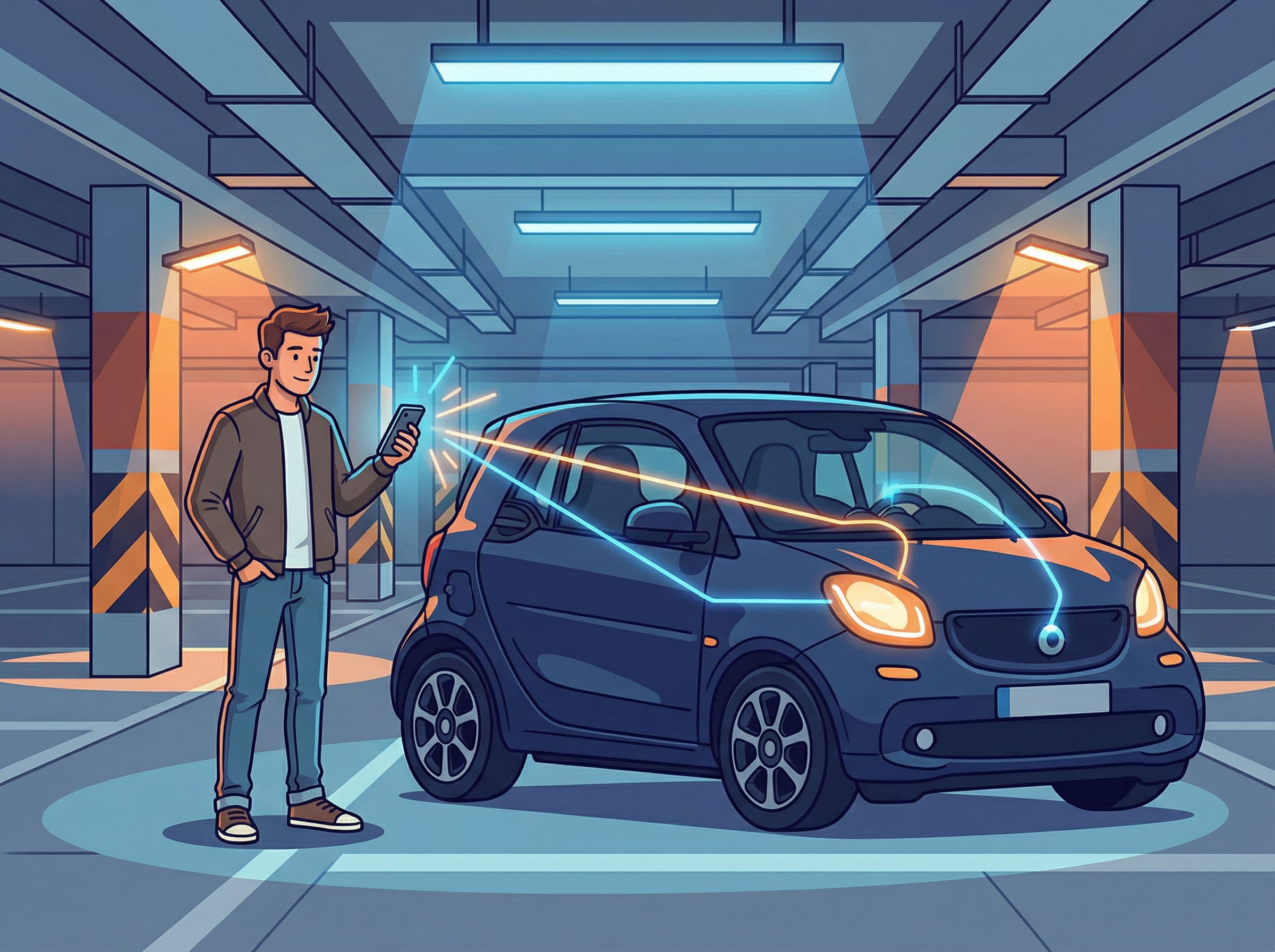 Jeune conducteur avec smartphone et voiture connectée