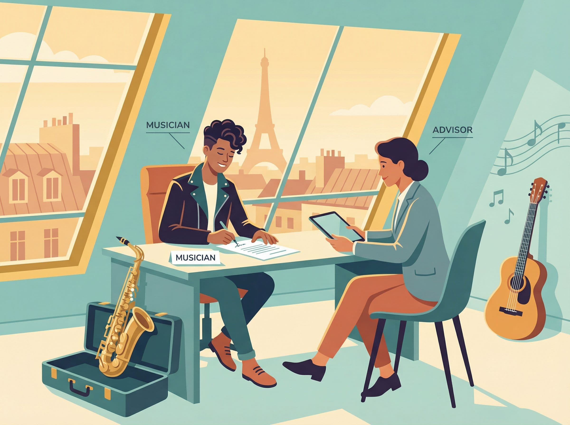 Musicien professionnel signant un contrat d'assurance pour ses instruments