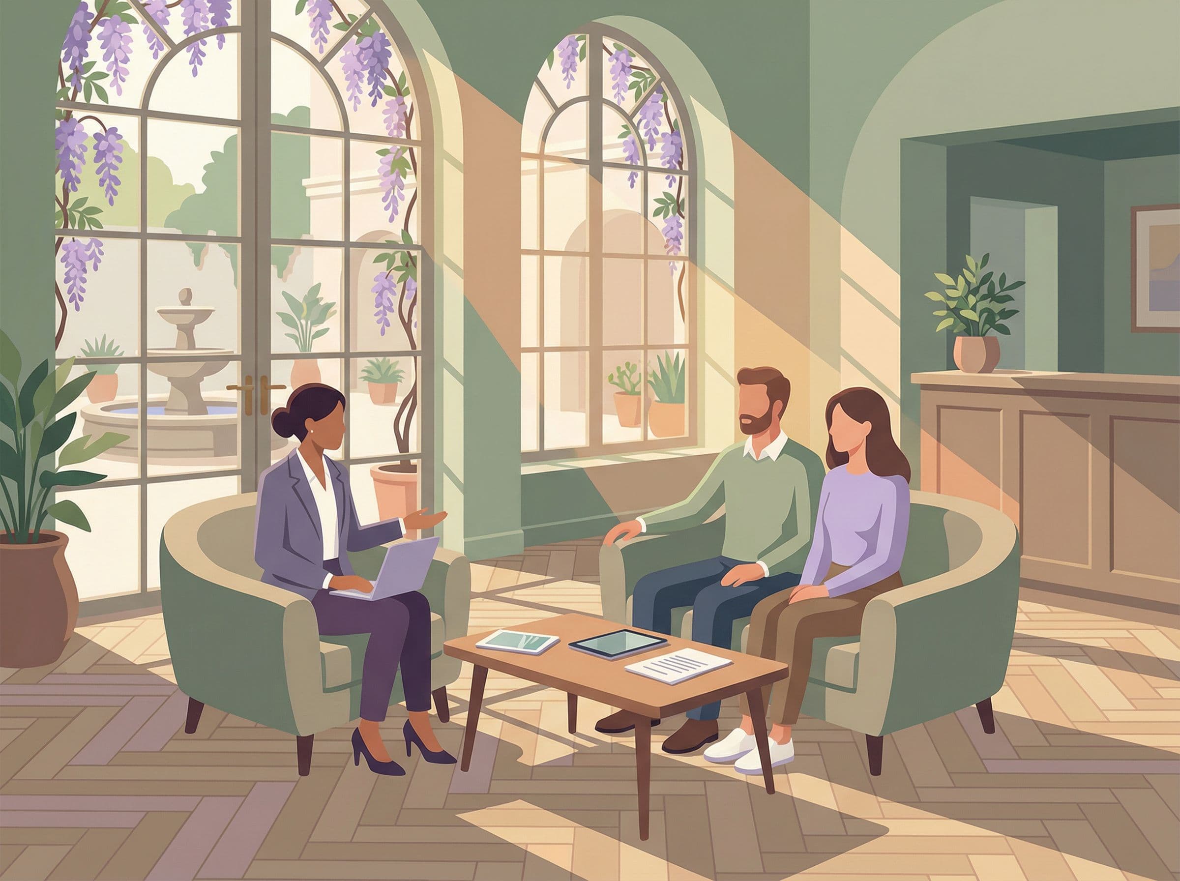 Conseiller en assurance professionnelle rencontrant un couple de restaurateurs dans leur hôtel