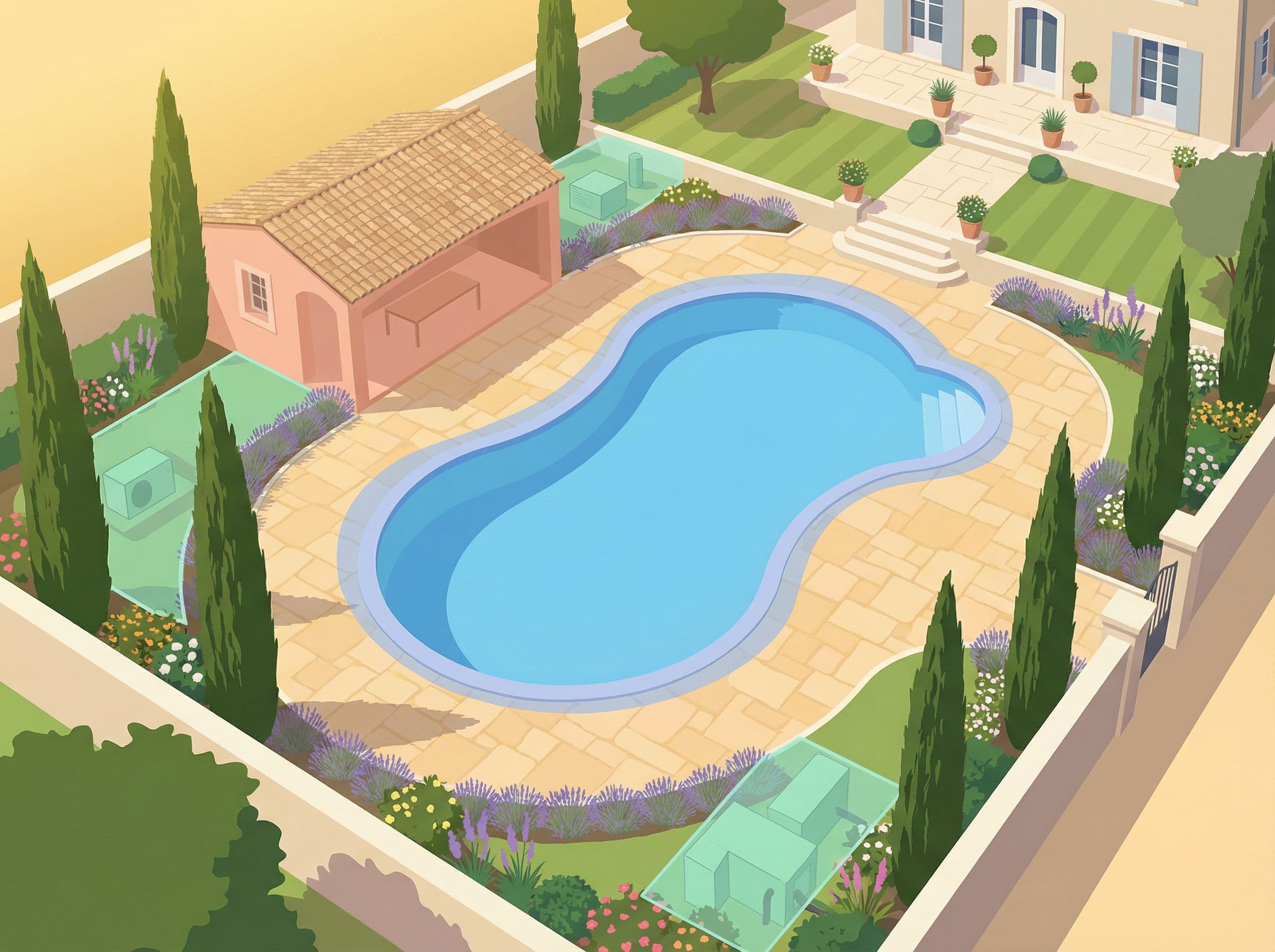 Vue aérienne d'une piscine française avec ses différentes zones de couverture d'assurance