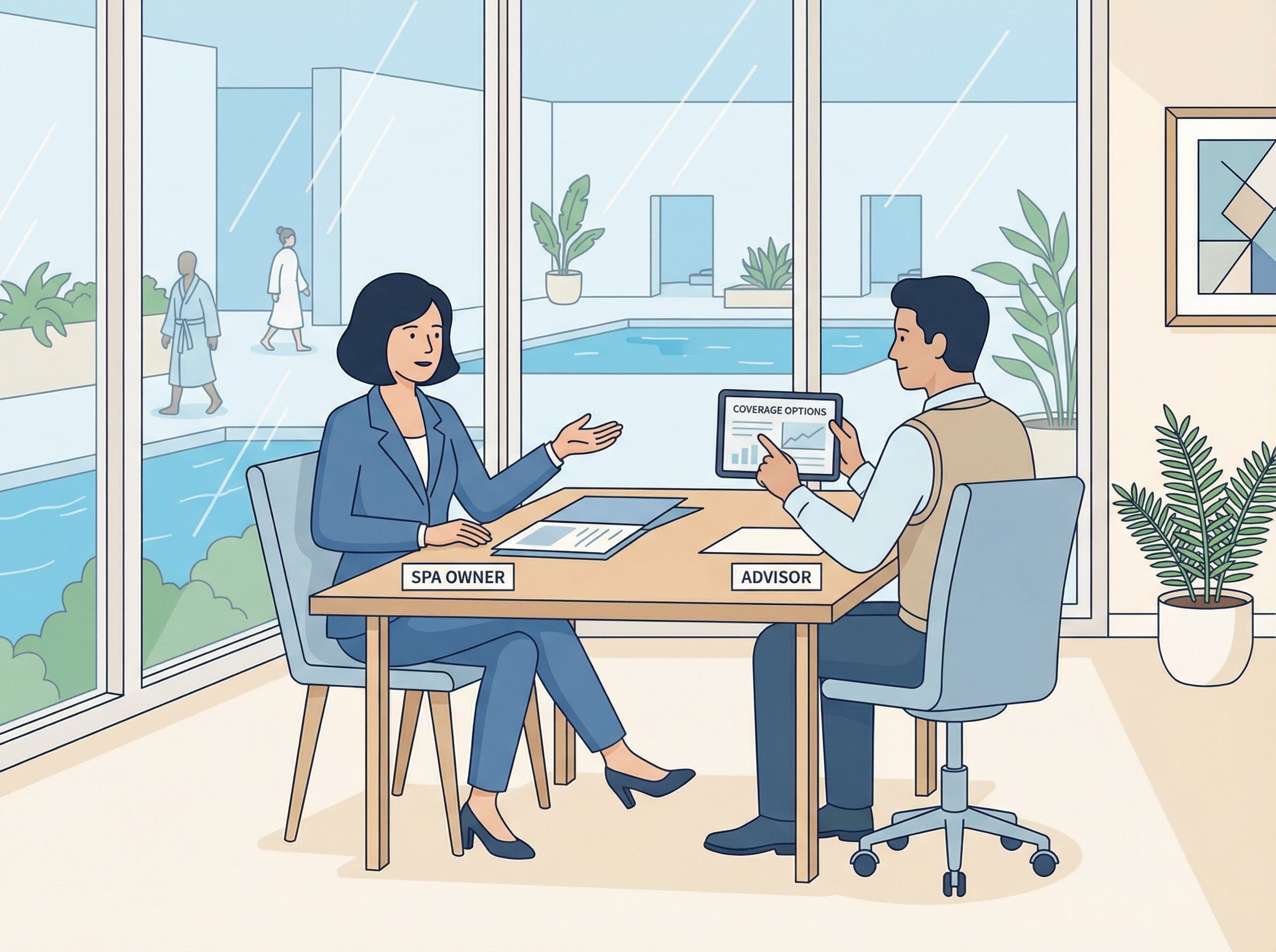 Propriétaire de spa consultant des documents d'assurance avec un conseiller