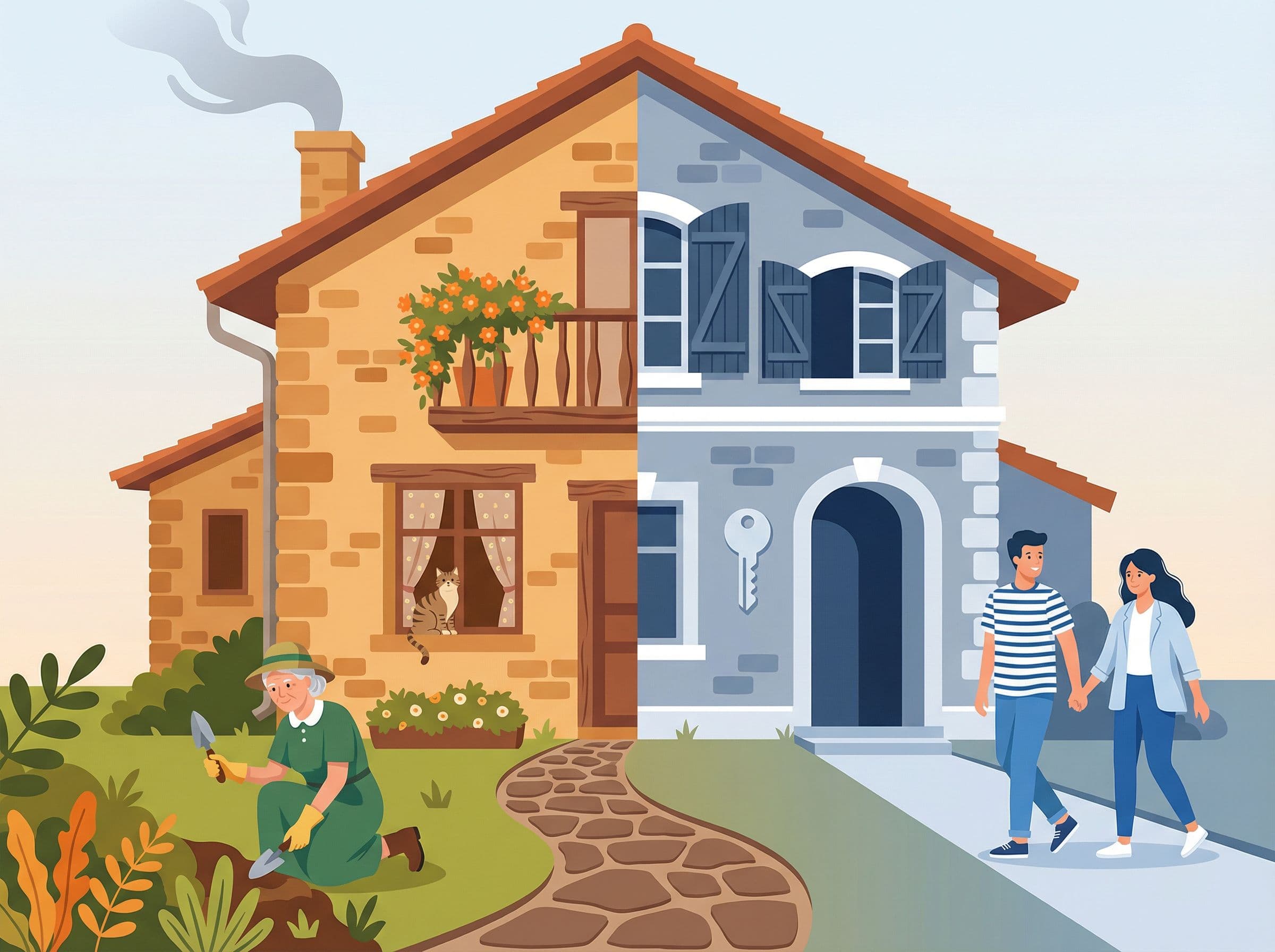 Maison française avec deux moitiés illustrant le viager occupé et le viager libre