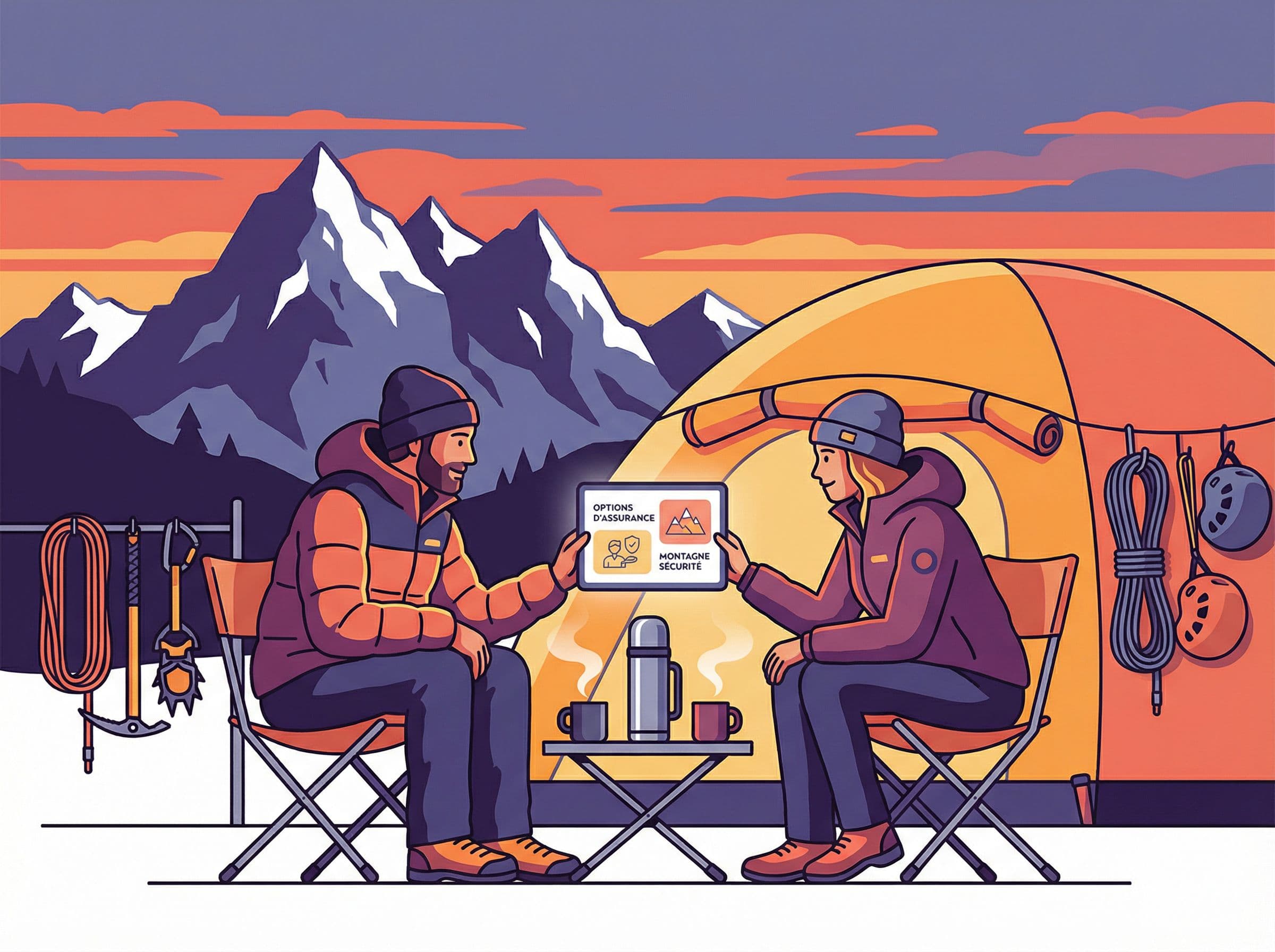 Alpinistes évaluant différentes offres d'assurance montagne au camp de base