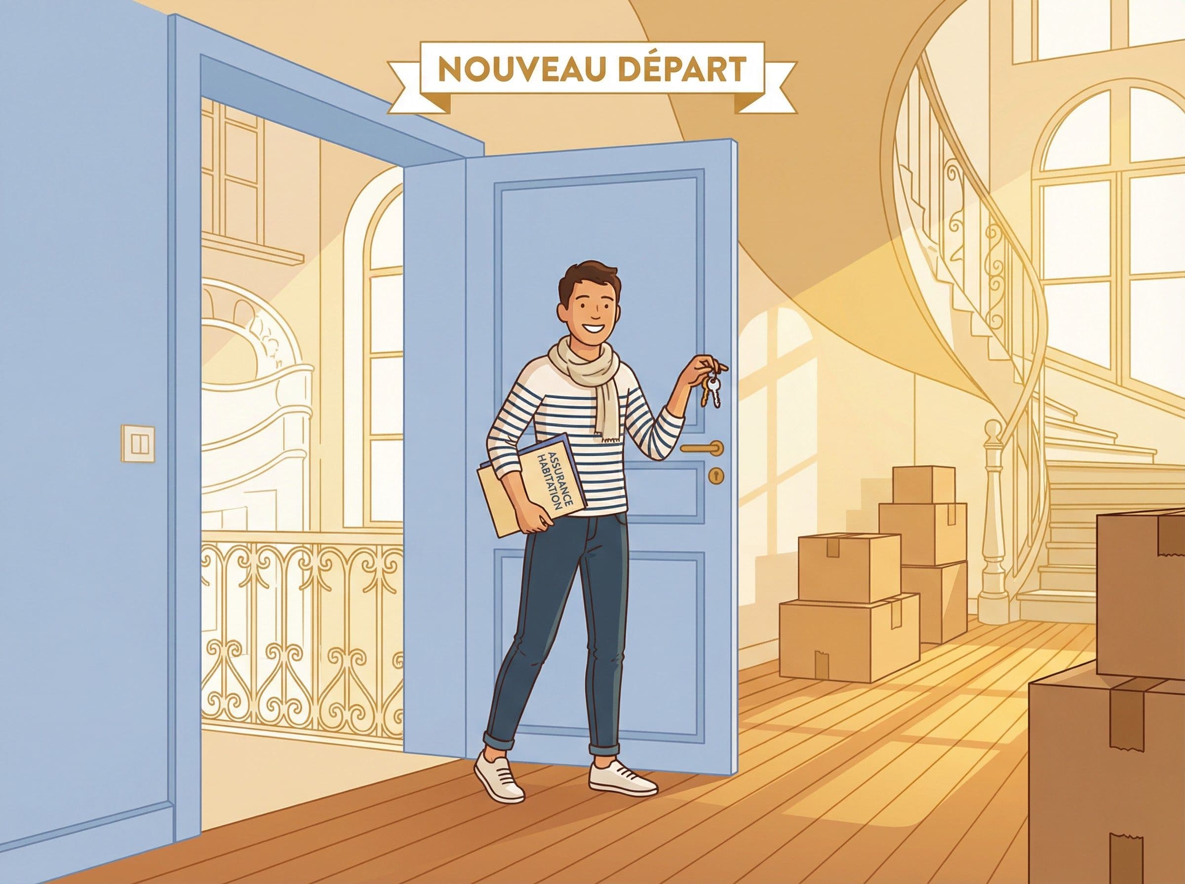Jeune locataire français emménageant dans son nouvel appartement avec contrat d'assurance