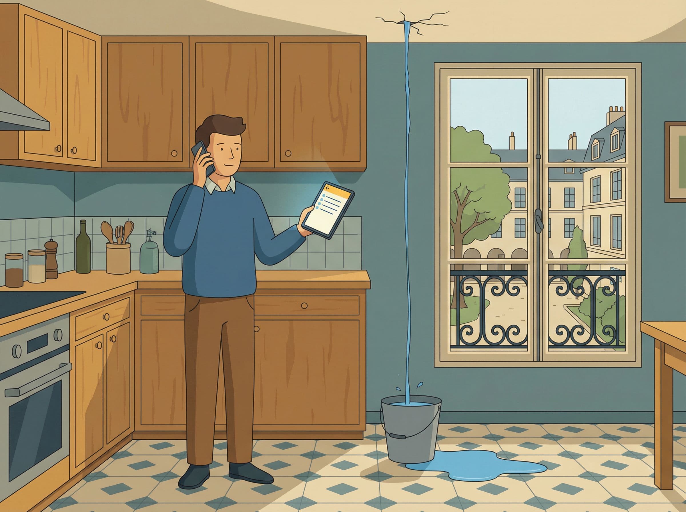 Locataire français gérant un sinistre dans son appartement avec son assureur