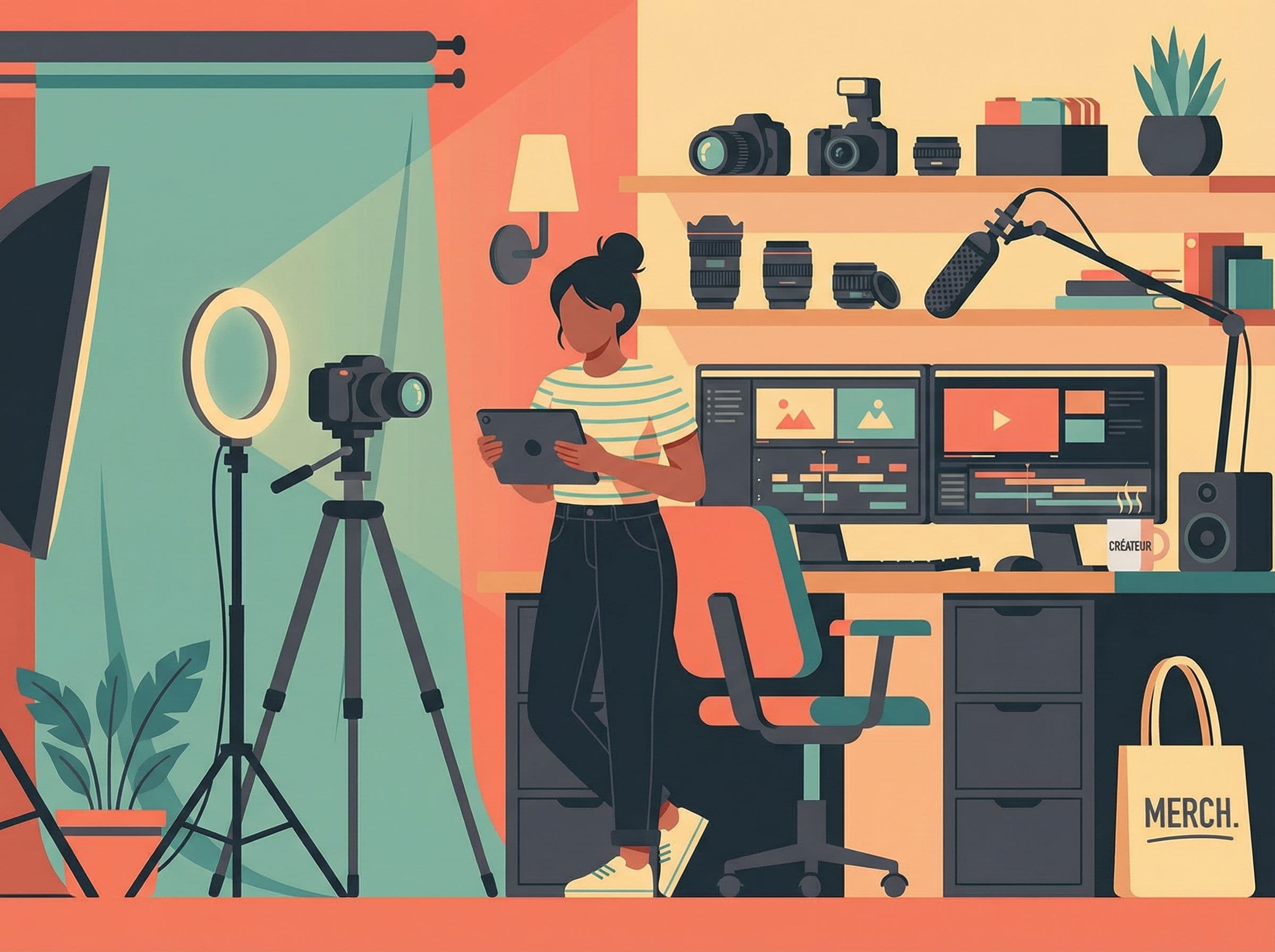 Créateur de contenu français dans son studio professionnel avec équipement de tournage