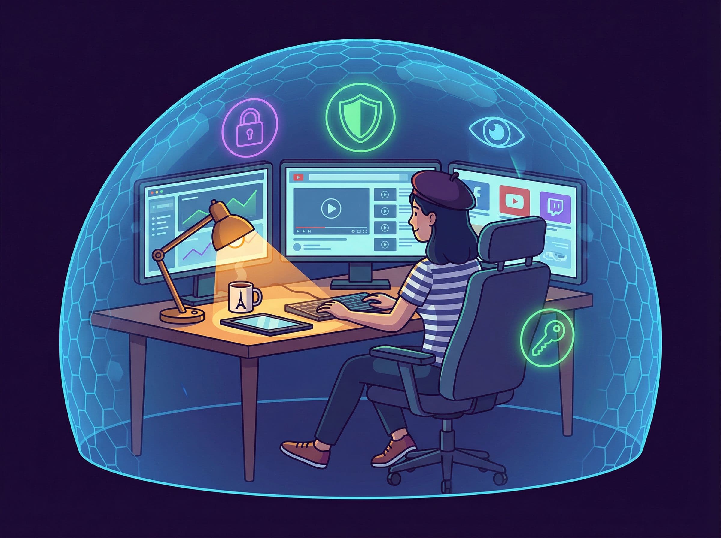 Créateur de contenu protégeant ses comptes et données numériques contre les cyber-risques