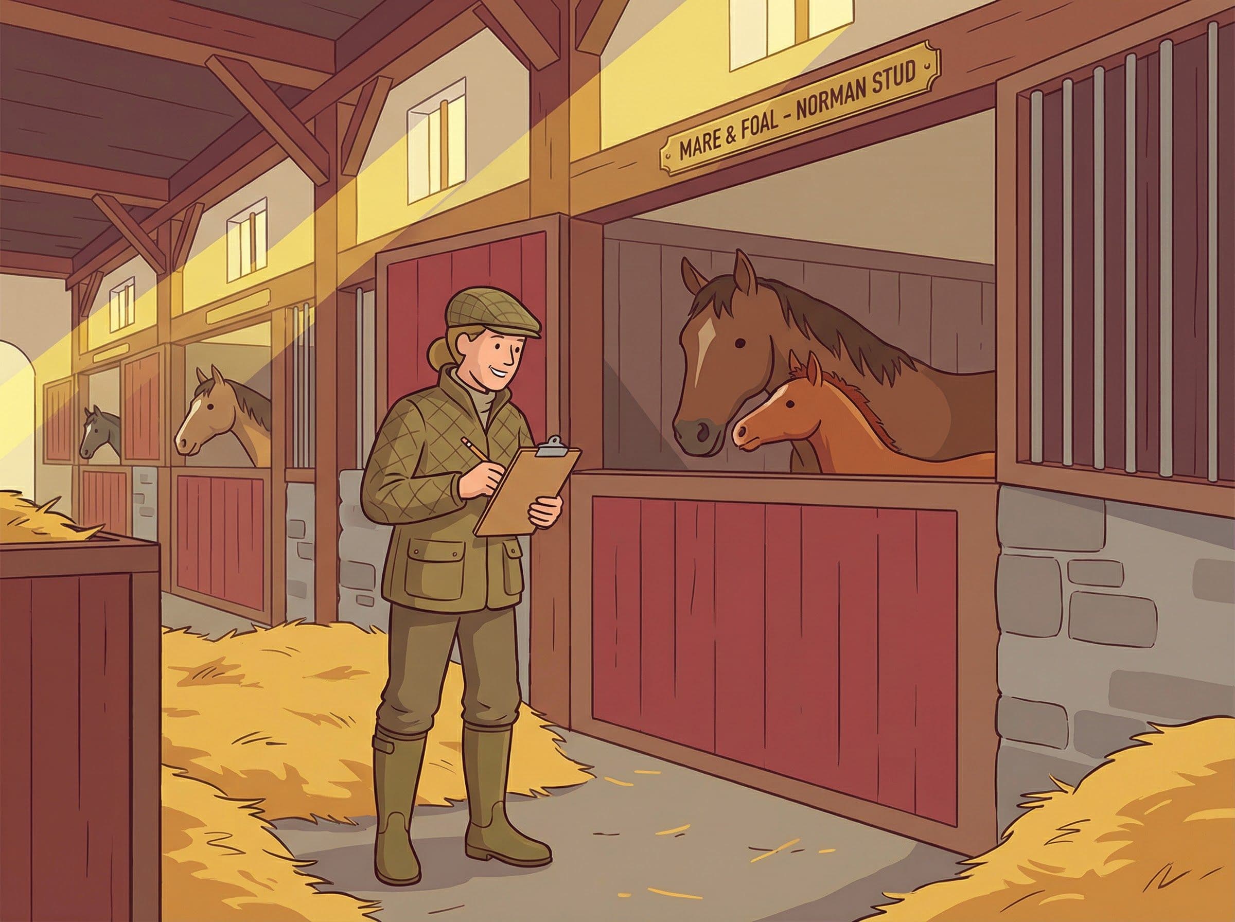 Éleveur français inspectant ses chevaux dans un haras normand