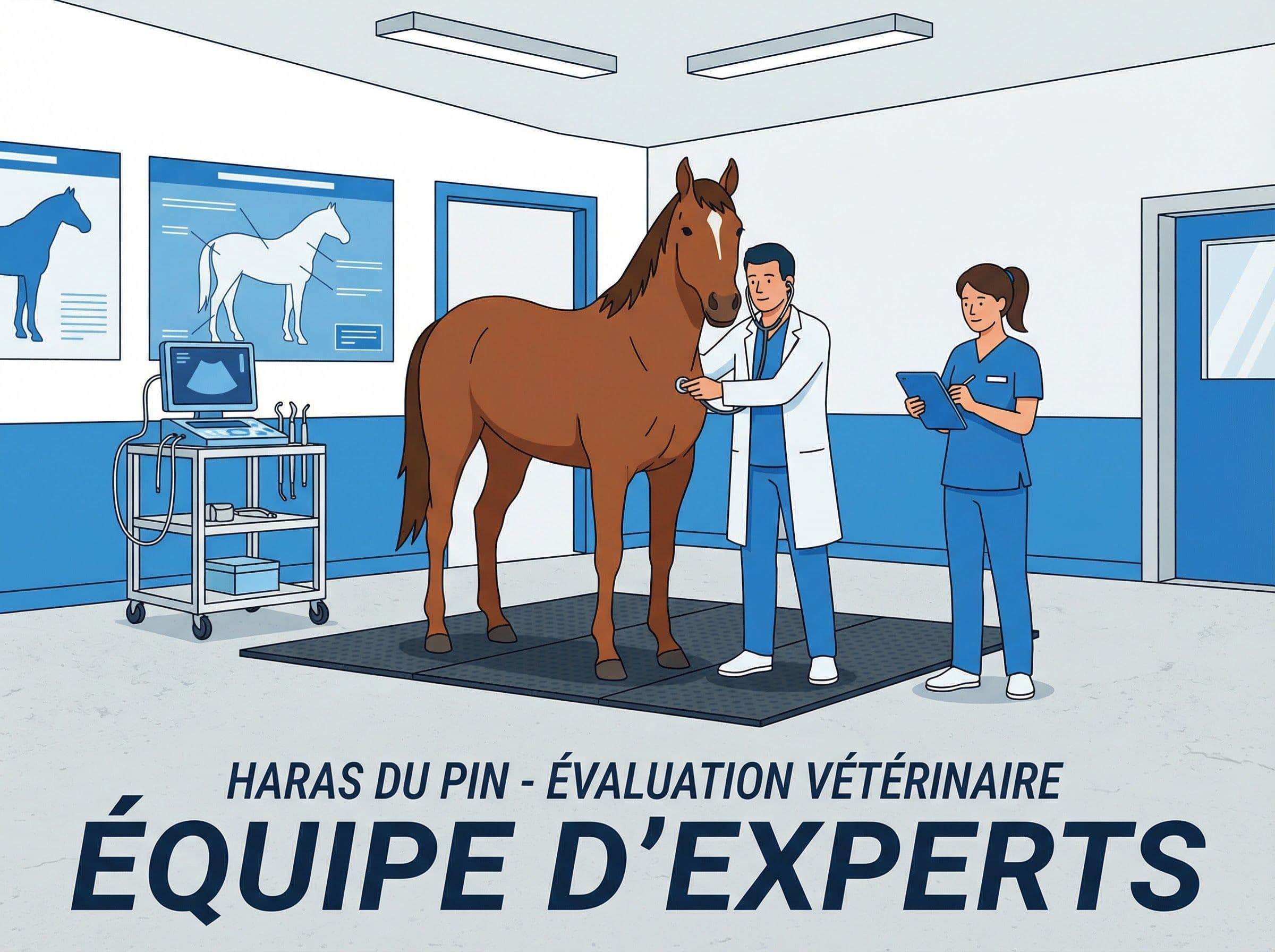 Vétérinaire expert évaluant un cheval pour l'assurance dans un haras