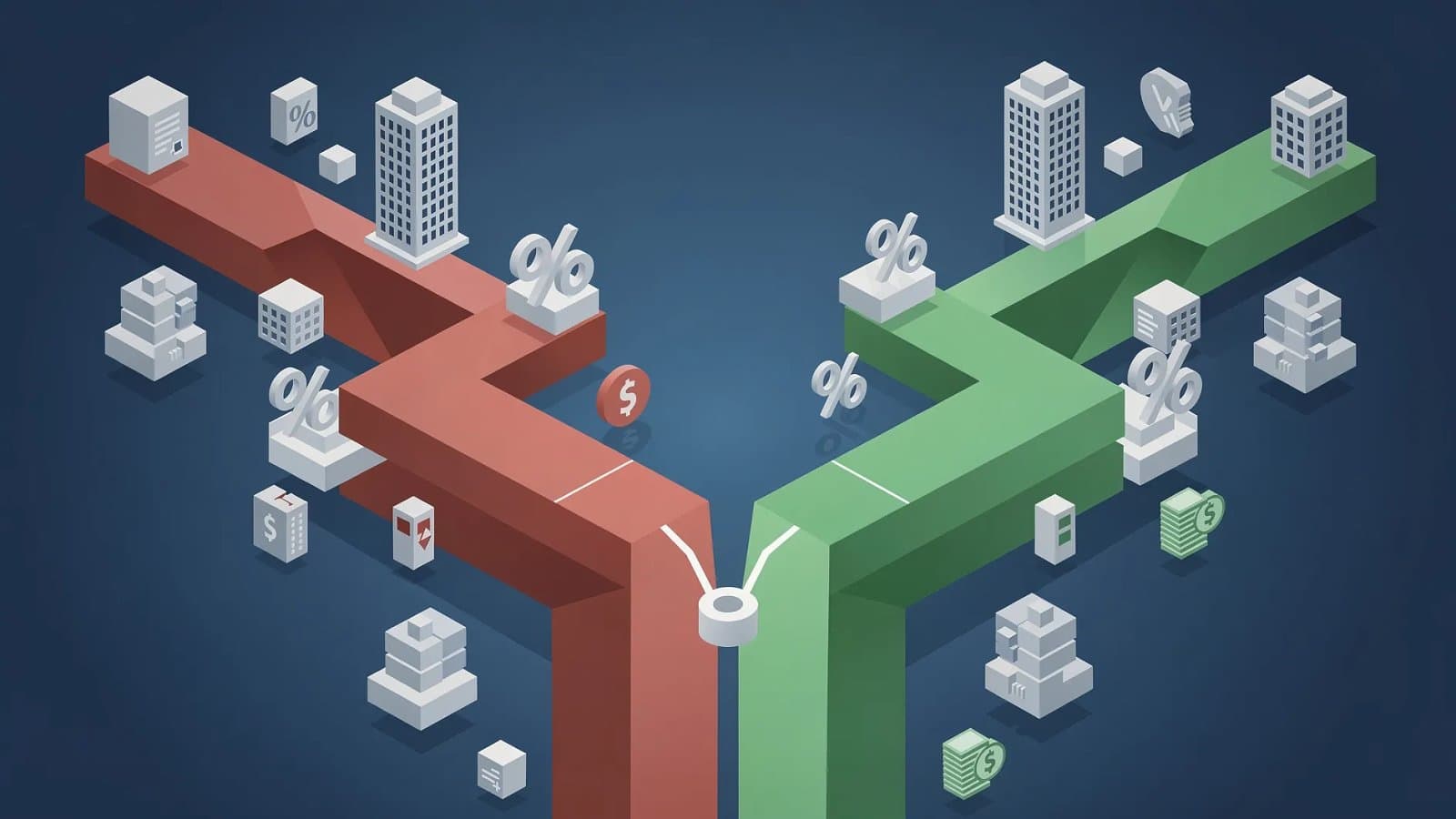 Illustration conceptuelle de la délégation d'assurance emprunteur montrant le choix entre contrat groupe et contrat individuel