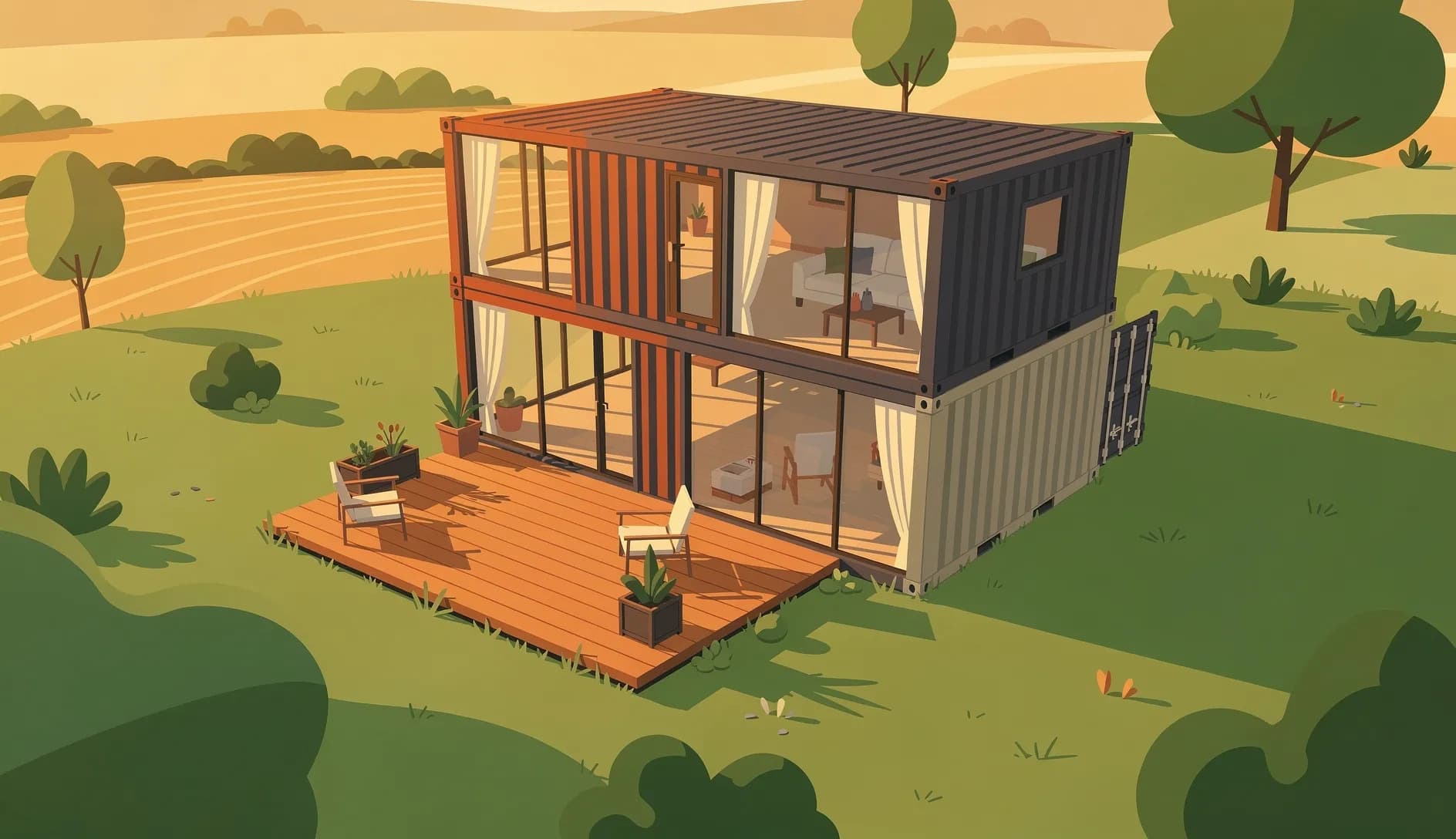 Maison container moderne avec terrasse bois et jardin paysager en France