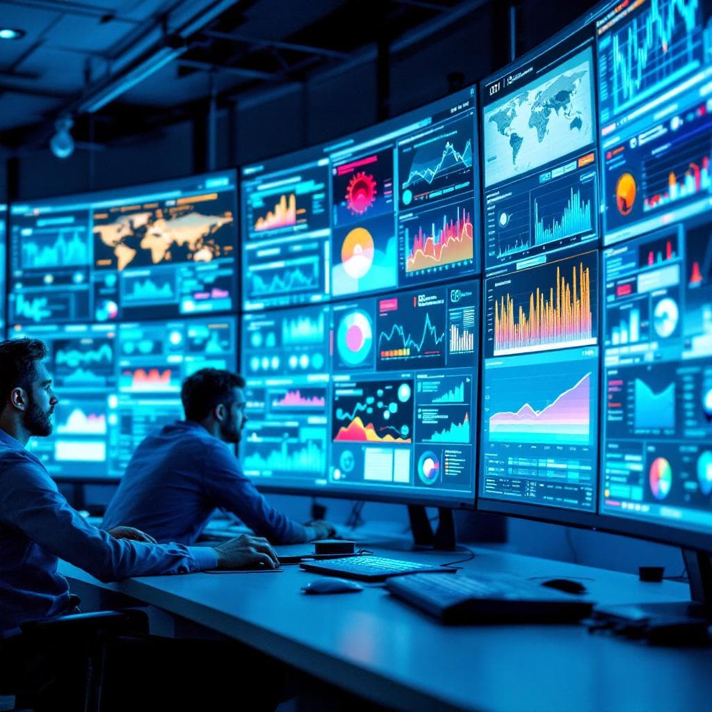 Centre opérationnel de cybersécurité avec écrans de monitoring et équipe d'analystes en action