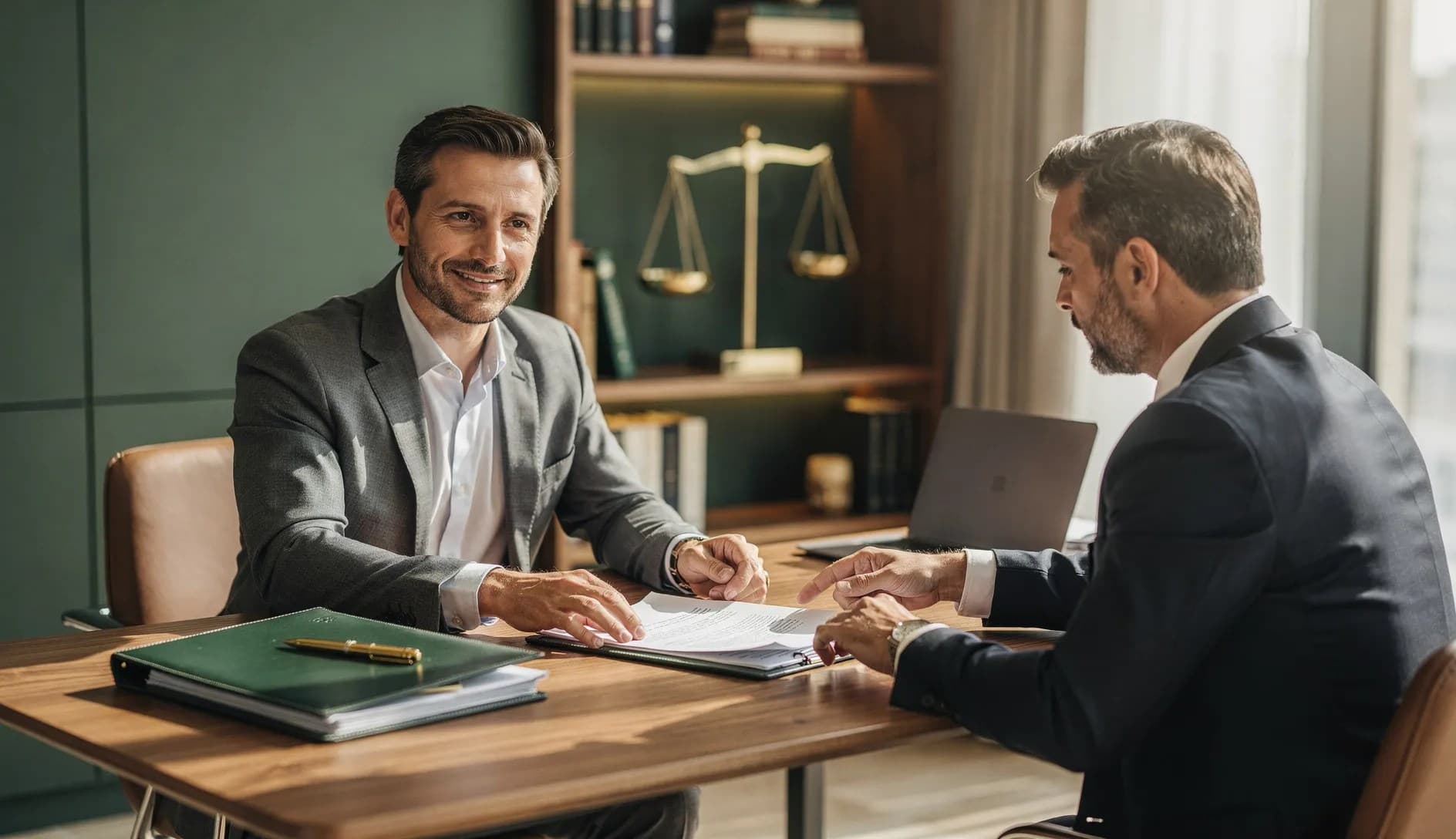 Dirigeant d'entreprise en consultation avec un juriste spécialisé en protection juridique professionnelle dans un cabinet moderne