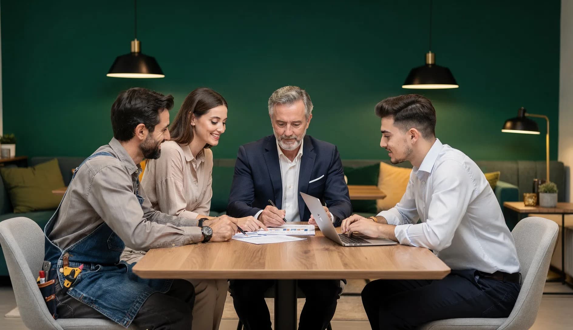 Artisan, commerçante et entrepreneur consultant des documents juridiques avec un conseiller en assurance professionnelle