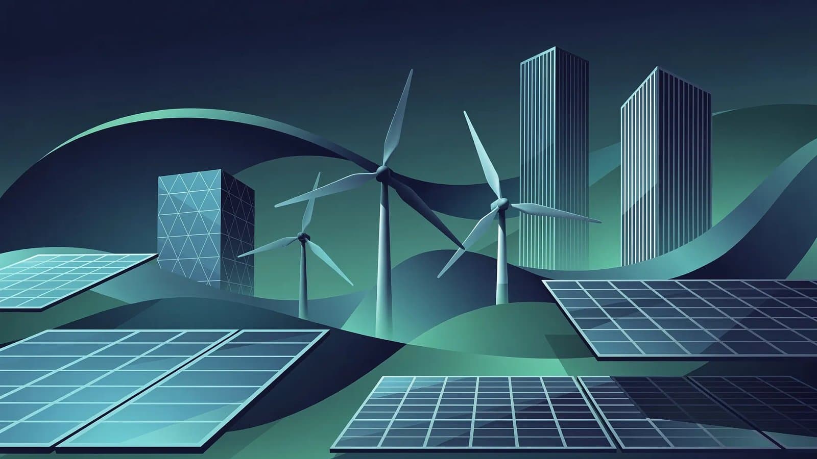 Illustration abstraite du secteur énergétique - réseaux data centers et infrastructure IA dans les tons bleu et vert