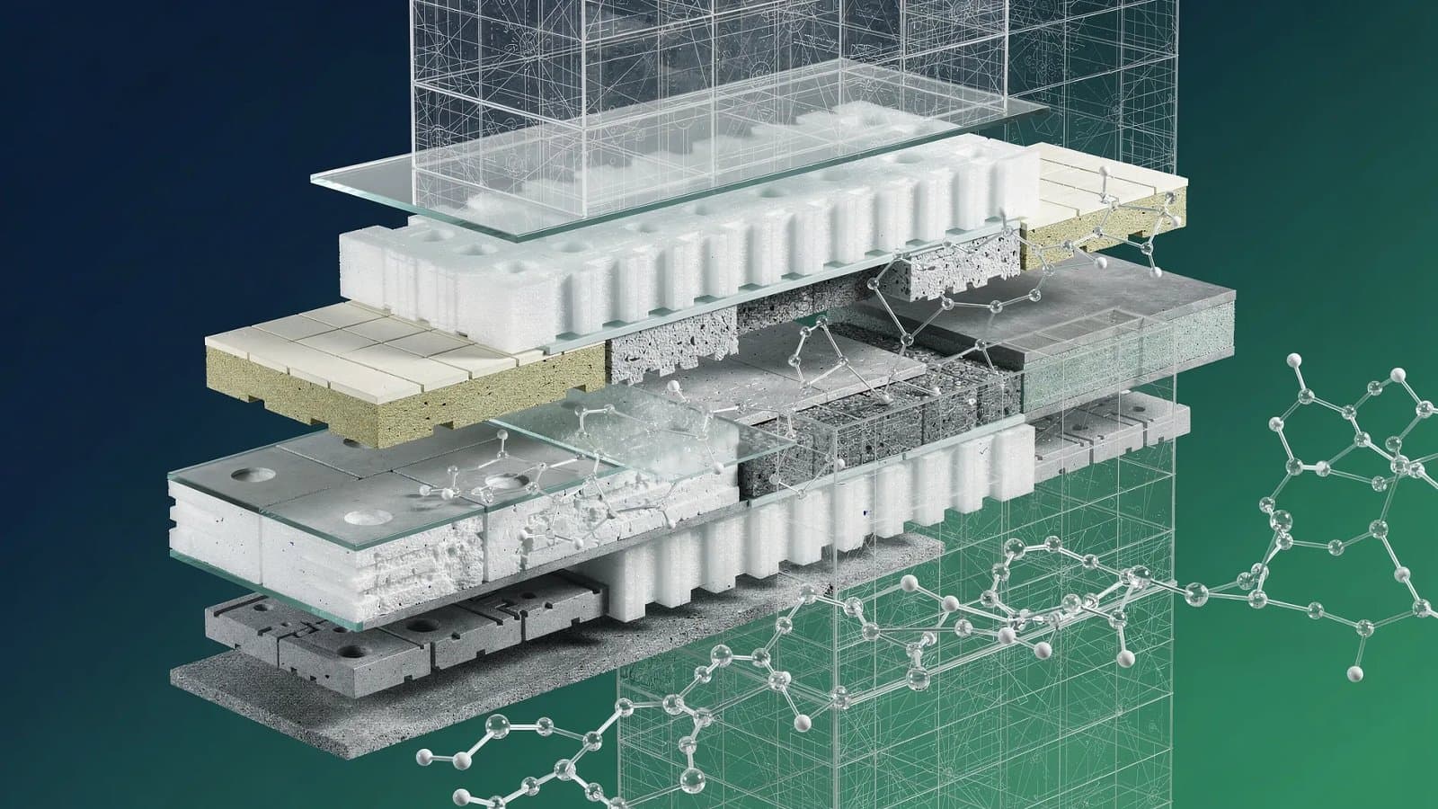 Abstract visualization of construction materials, architectural layers and sustainable building forms with dynamic growth patterns