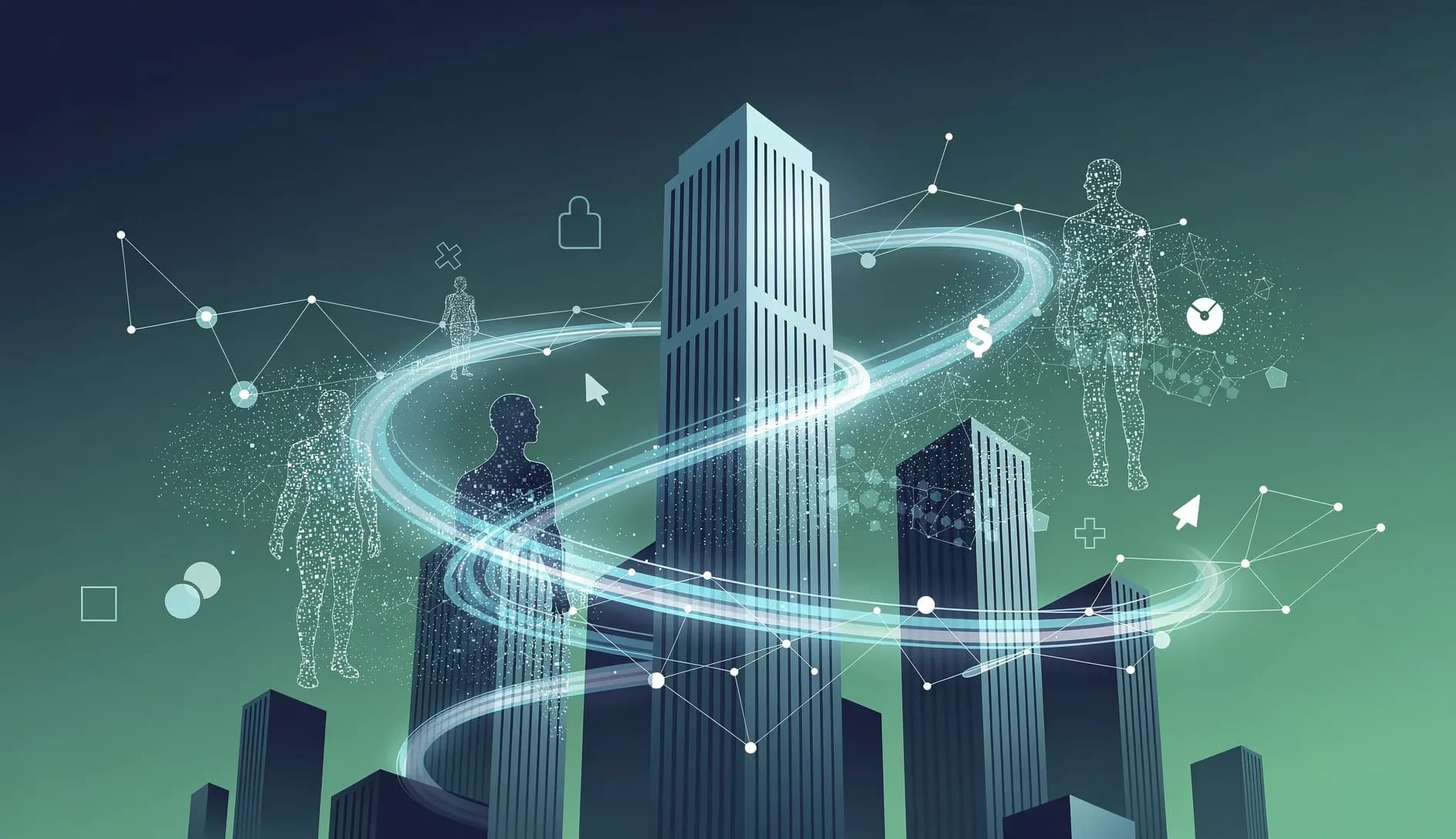 Illustration abstraite d'une transformation d'entreprise pilotée par l'intelligence artificielle, réseau de neurones stylisé, fond bleu marine et vert profond