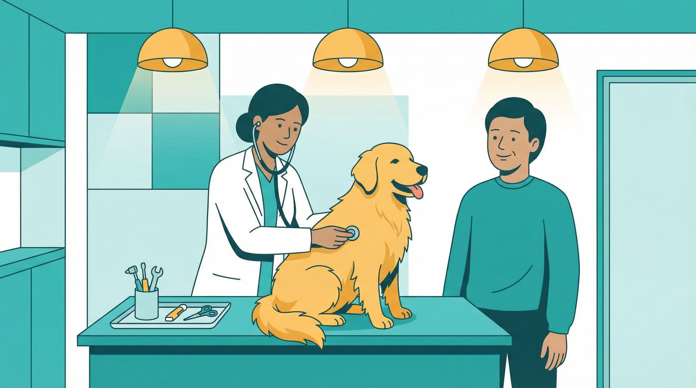 Vétérinaire français examinant un chien avec le propriétaire rassuré