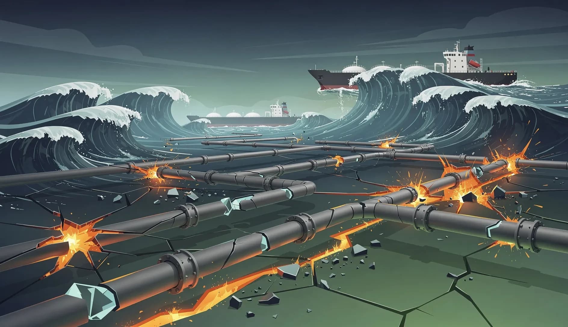 Visualisation abstraite de flux énergétiques perturbés et de pipelines fragmentés sur fond de gradient bleu profond et vert émeraude