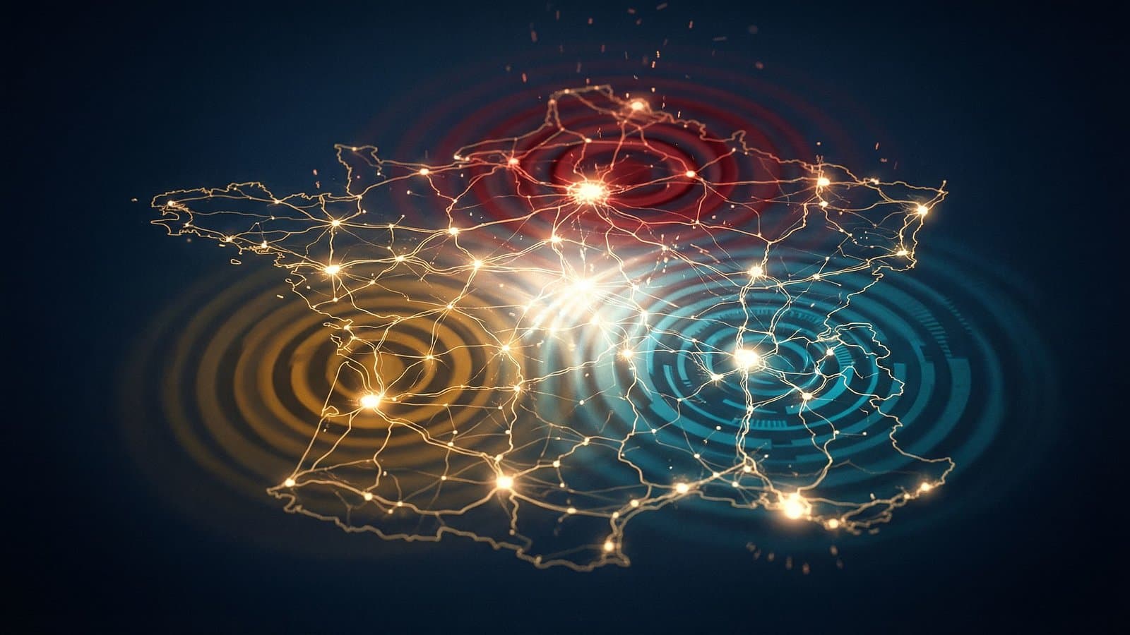 Carte stratégique abstraite du marché français de l'assurance, réseau de noeuds lumineux avec trois ondes de pression convergentes représentant les forces réglementaires, technologiques et démographiques qui transforment le secteur