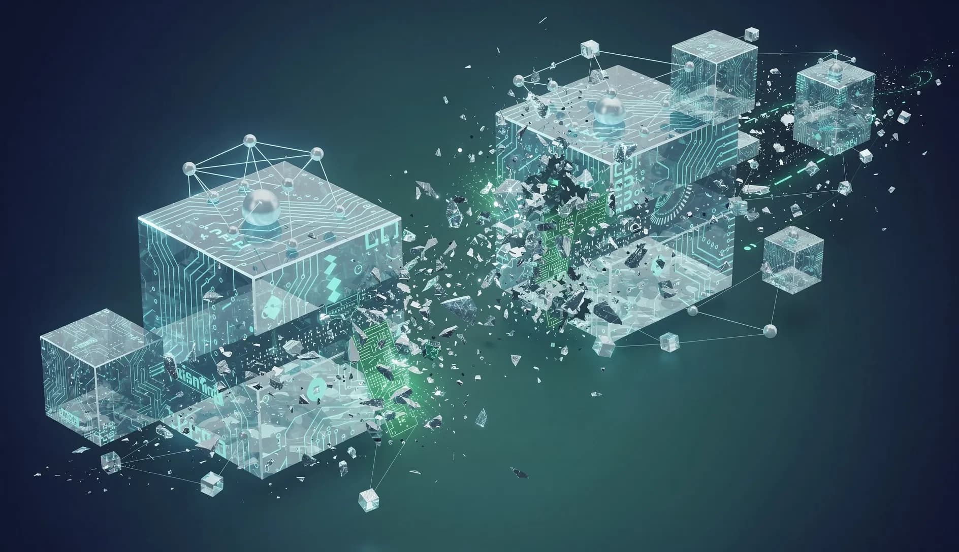 Illustration abstraite représentant la fragilité des structures technologiques face aux forces du marché, avec des formes cristallines fragmentées sur un gradient bleu profond et émeraude