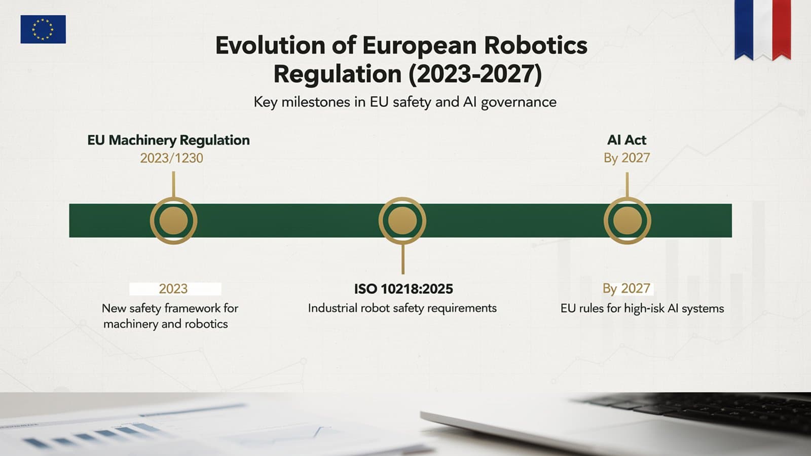 Chronologie du cadre réglementaire européen applicable aux robots industriels : Règlement Machines 2023/1230, ISO 10218:2025 et AI Act
