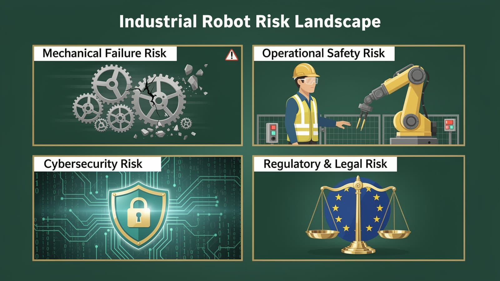 Schéma illustrant les quatre catégories de risques des robots industriels : mécanique, corporel, cyber et réglementaire