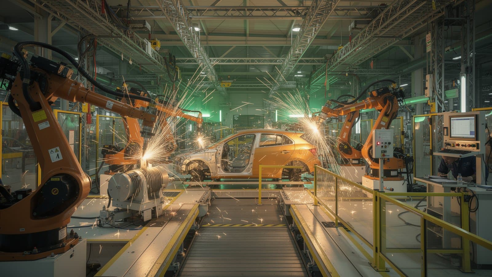 Robot industriel et cobot travaillant sur une ligne de production dans une usine française moderne