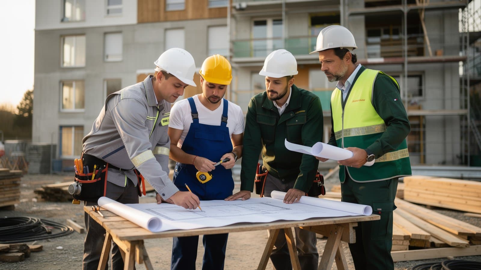 Équipe de professionnels du bâtiment sur un chantier de construction avec casques de sécurité