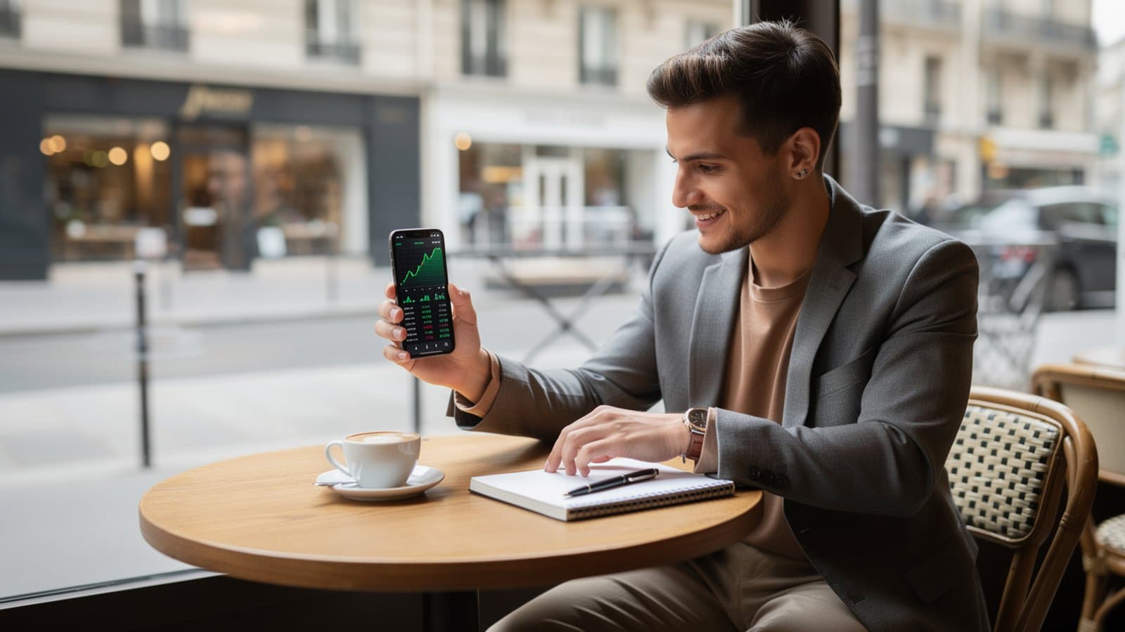 Jeune investisseur consultant son PEA sur application mobile avec graphiques boursiers