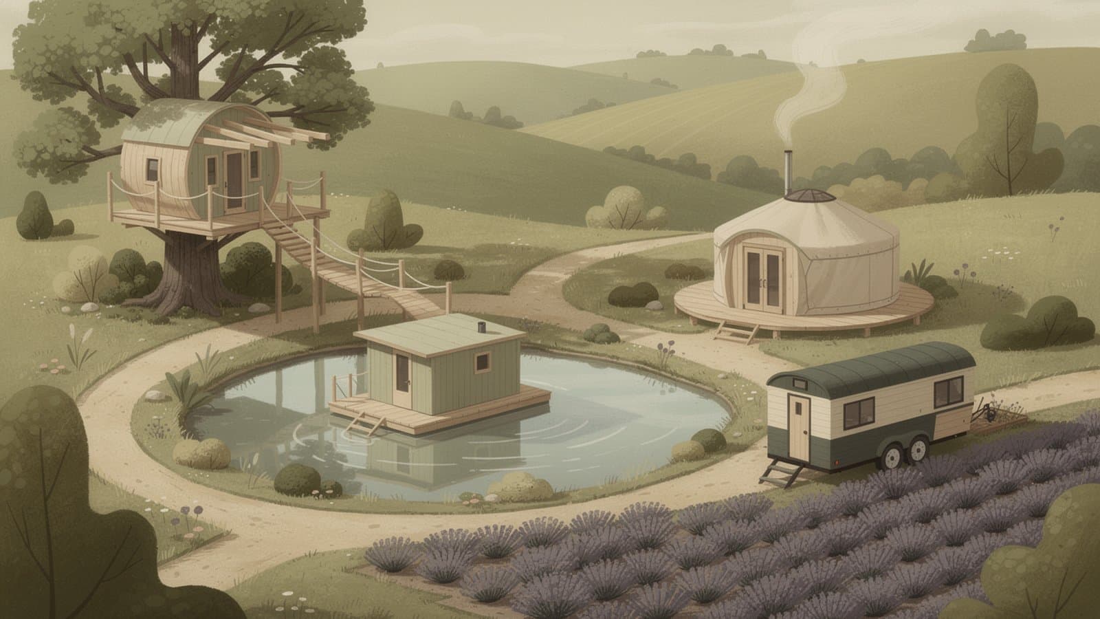 Illustration représentant différents types d'hébergements insolites protégés par une assurance professionnelle en France